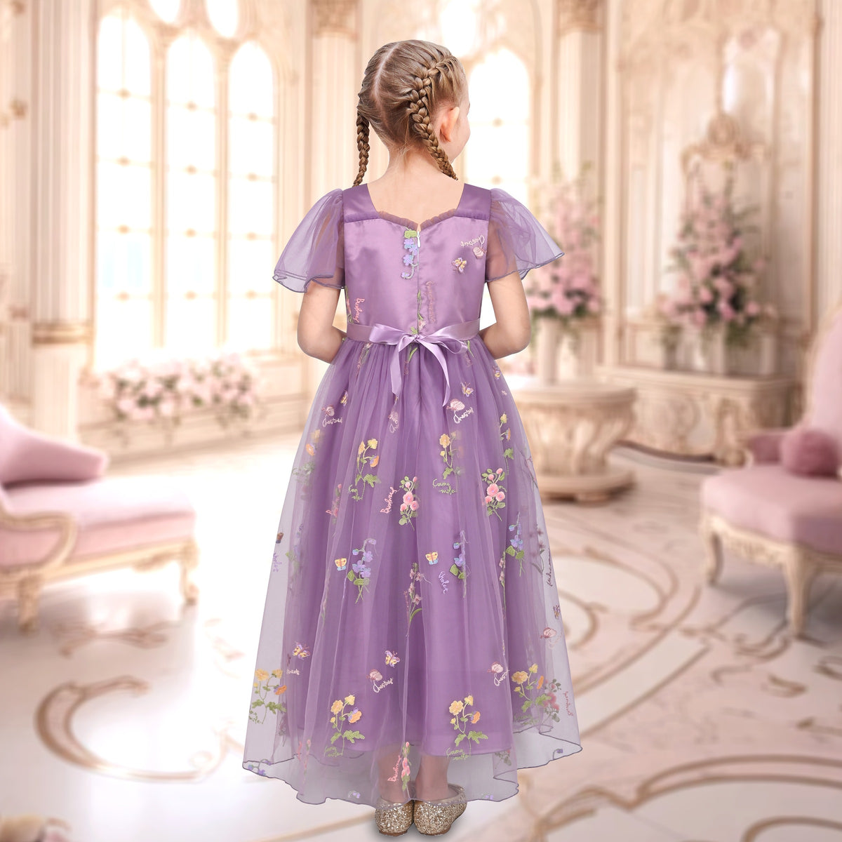 Girls Dress Blue Sequin Ruffle Collar Maxi Bow Tie Flare Short Sleeve - Purple Flower