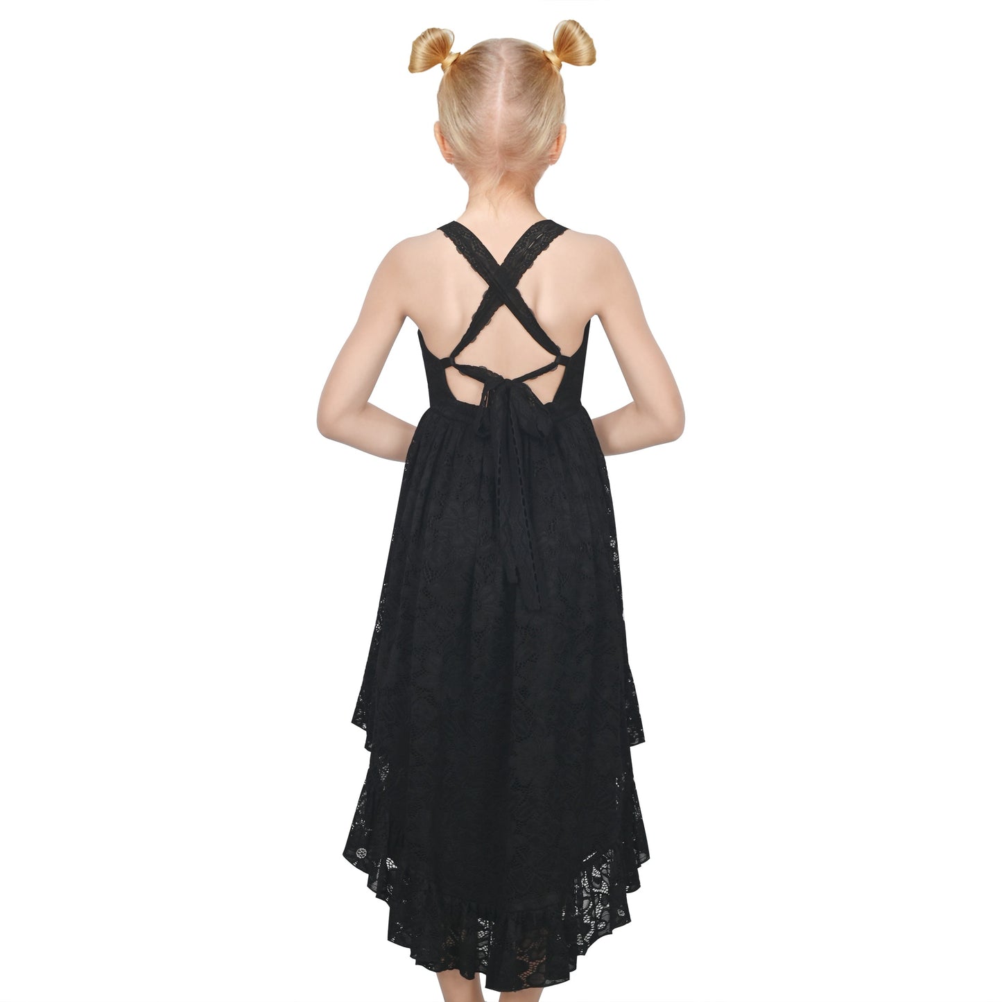 Girls Dress Lilac Lace Floral Hi-lo Strap Summer Holiday Elegant Princess Black