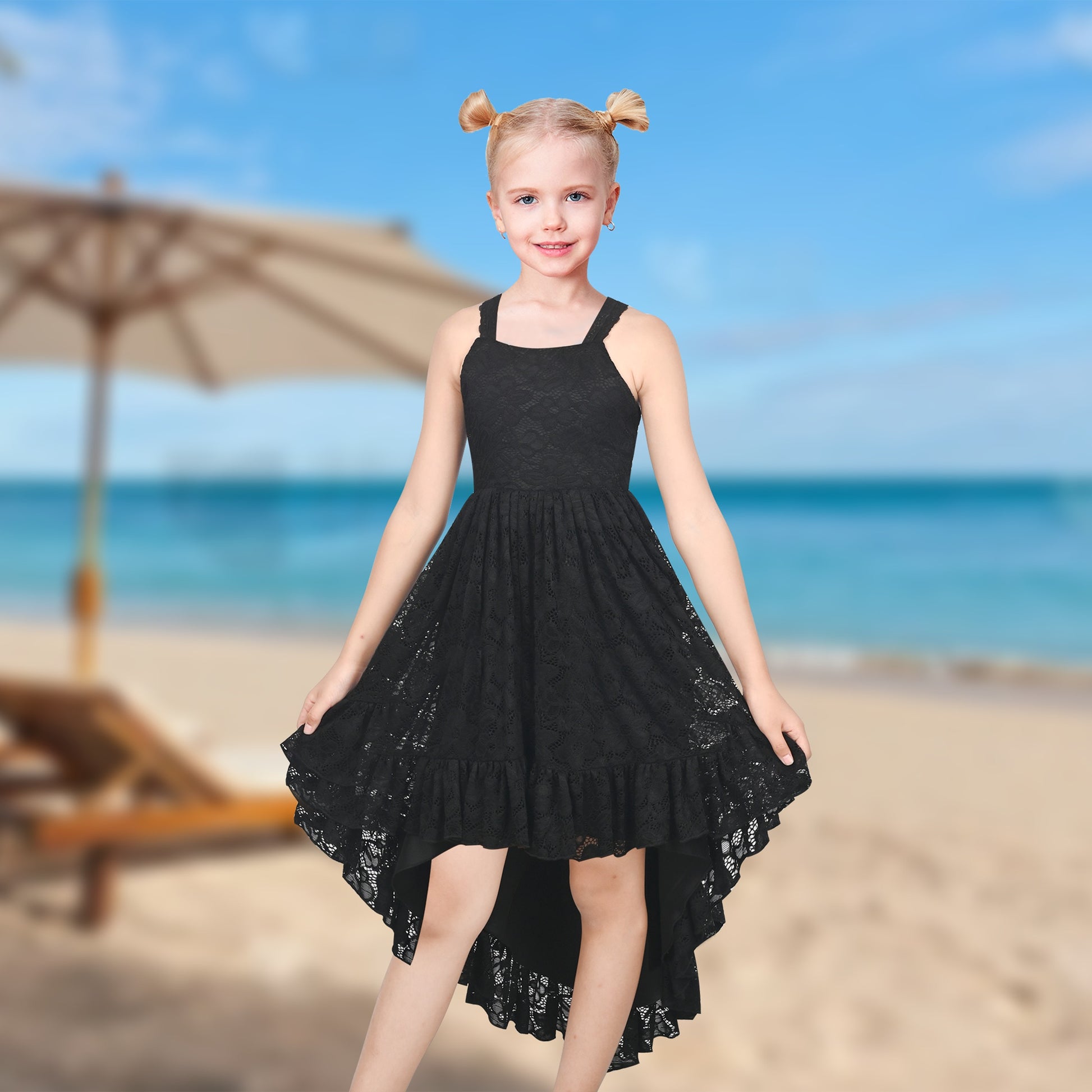 Girls Dress Lilac Lace Floral Hi-lo Strap Summer Holiday Elegant Princess Black