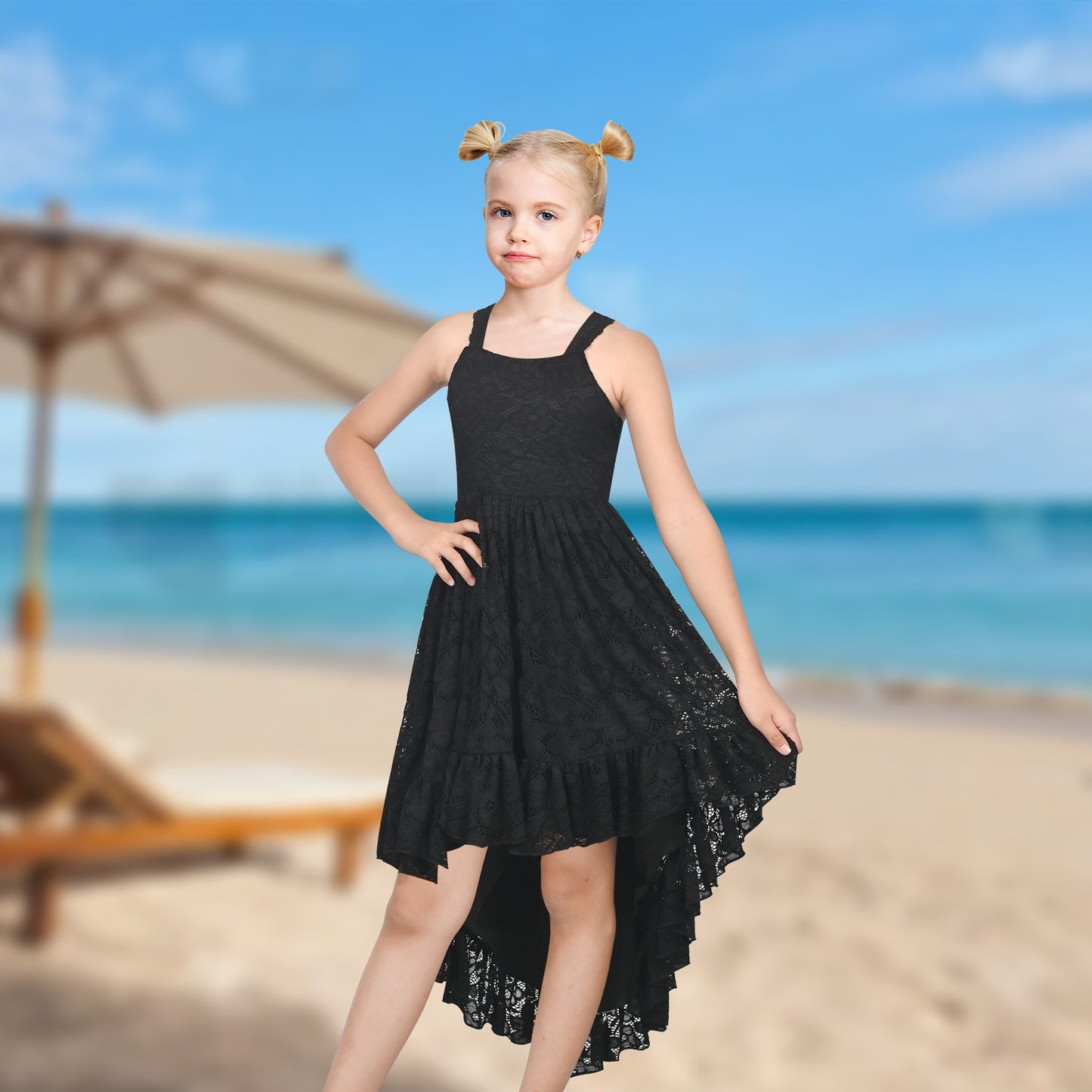 Girls Dress Lilac Lace Floral Hi-lo Strap Summer Holiday Elegant Princess Black
