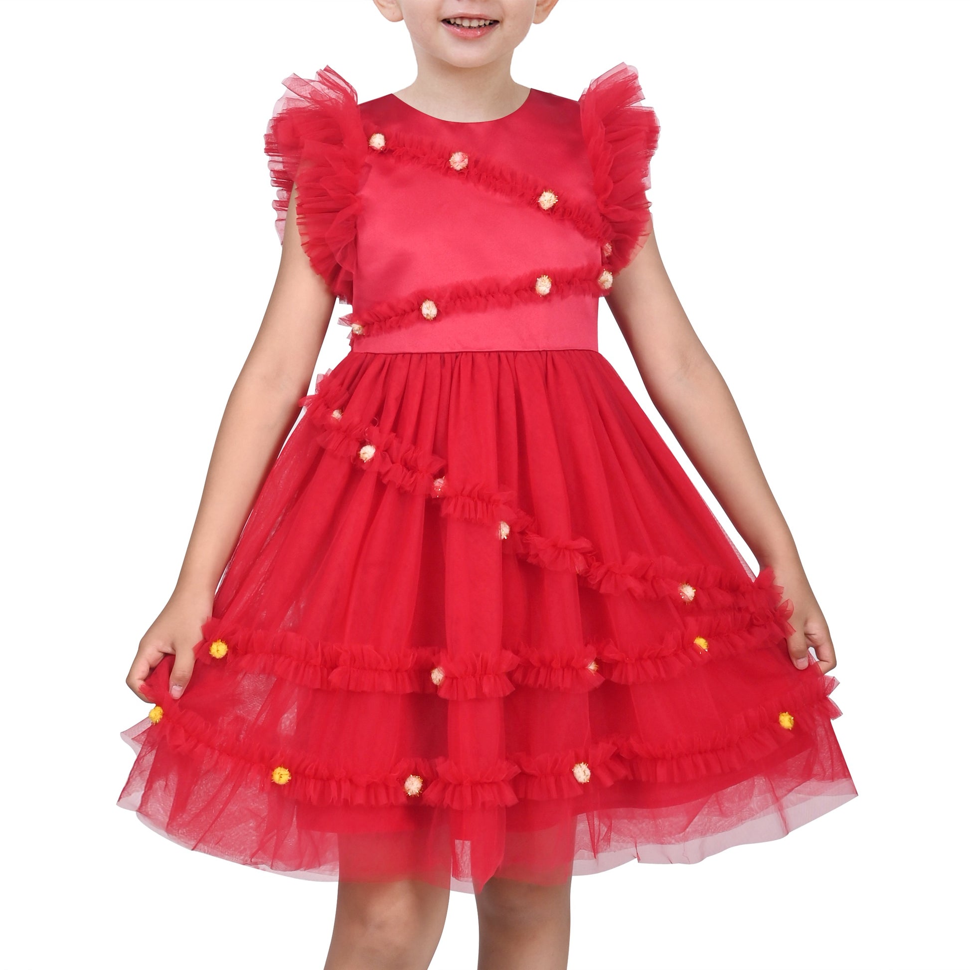 Girls Dress Black Gold Line Shiny Applique Princess Party Flare Sleeve Red