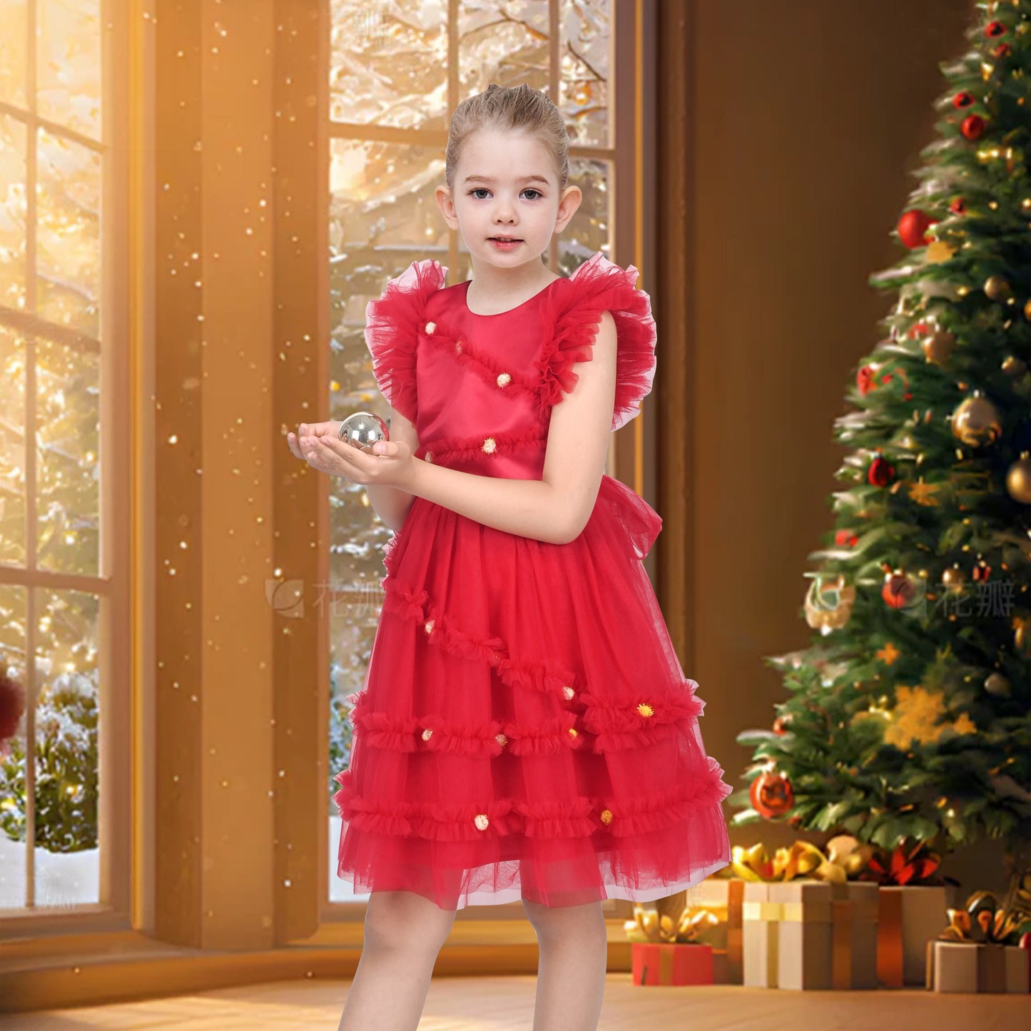 Girls Dress Black Gold Line Shiny Applique Princess Party Flare Sleeve Red