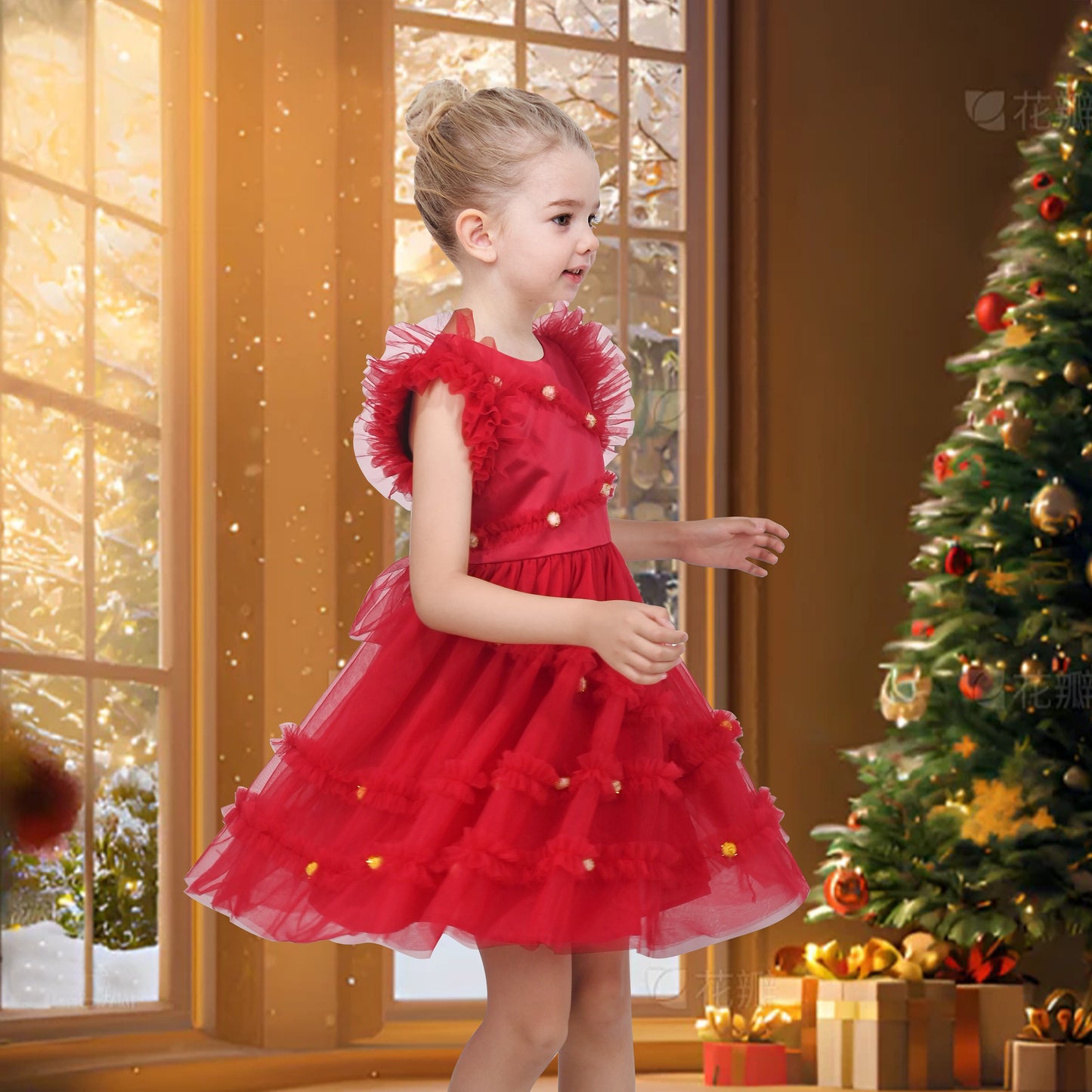 Girls Dress Black Gold Line Shiny Applique Princess Party Flare Sleeve Red