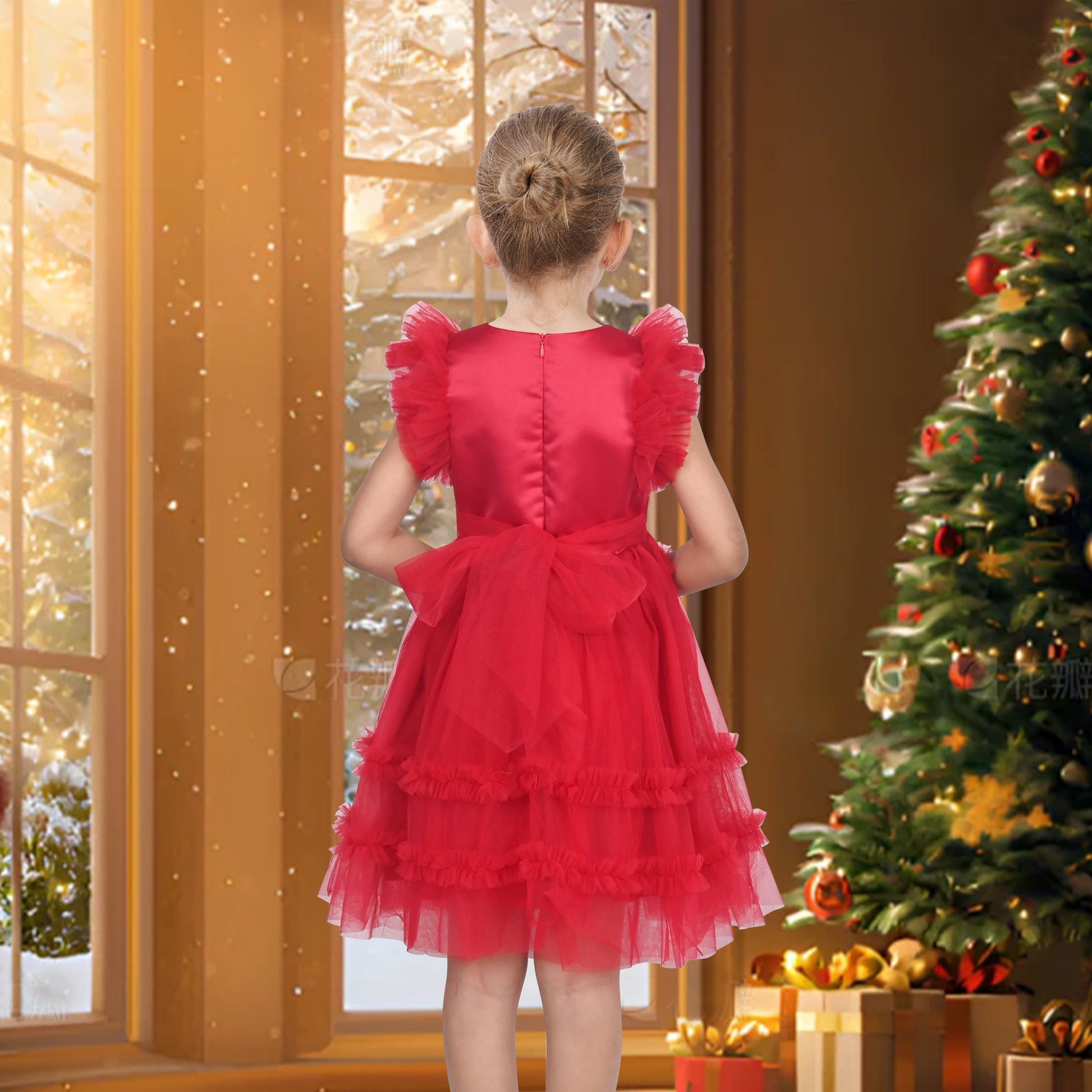 Girls Dress Black Gold Line Shiny Applique Princess Party Flare Sleeve Red