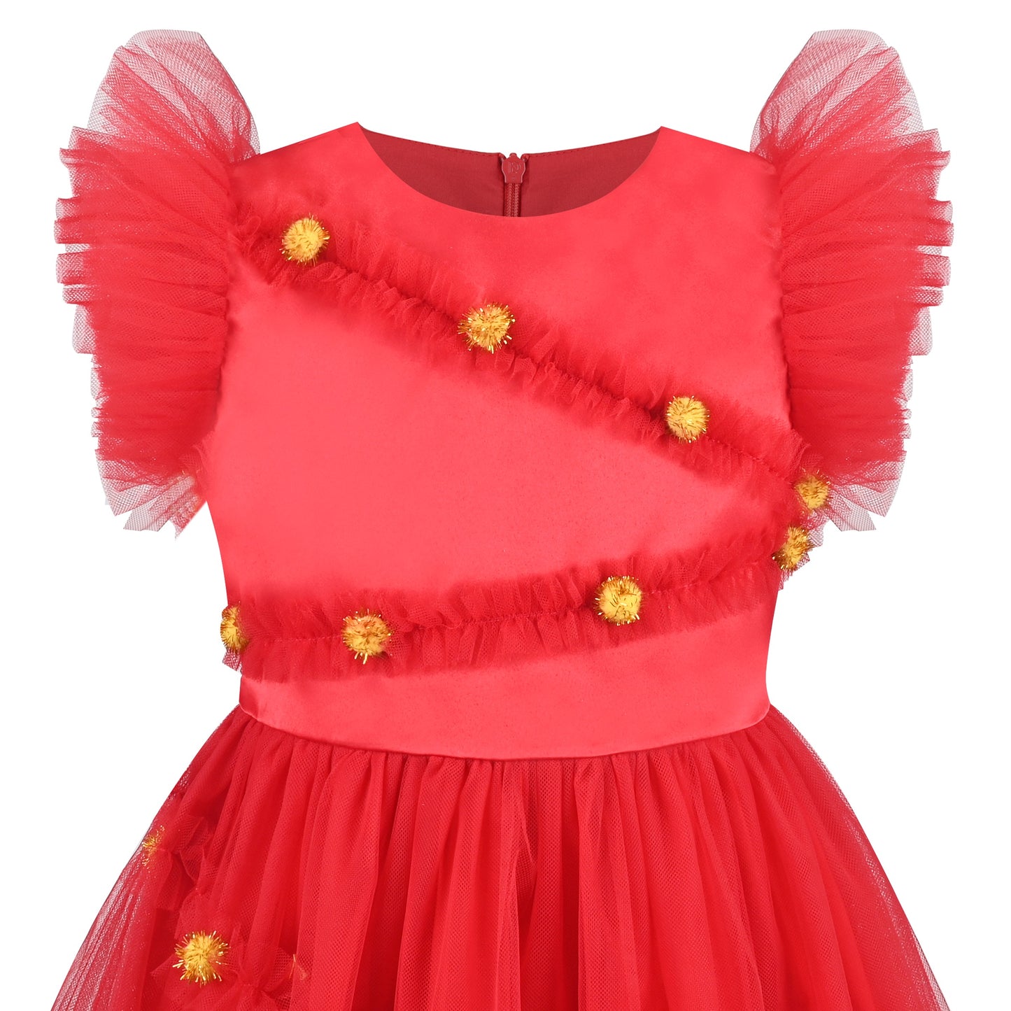 Girls Dress Black Gold Line Shiny Applique Princess Party Flare Sleeve Red