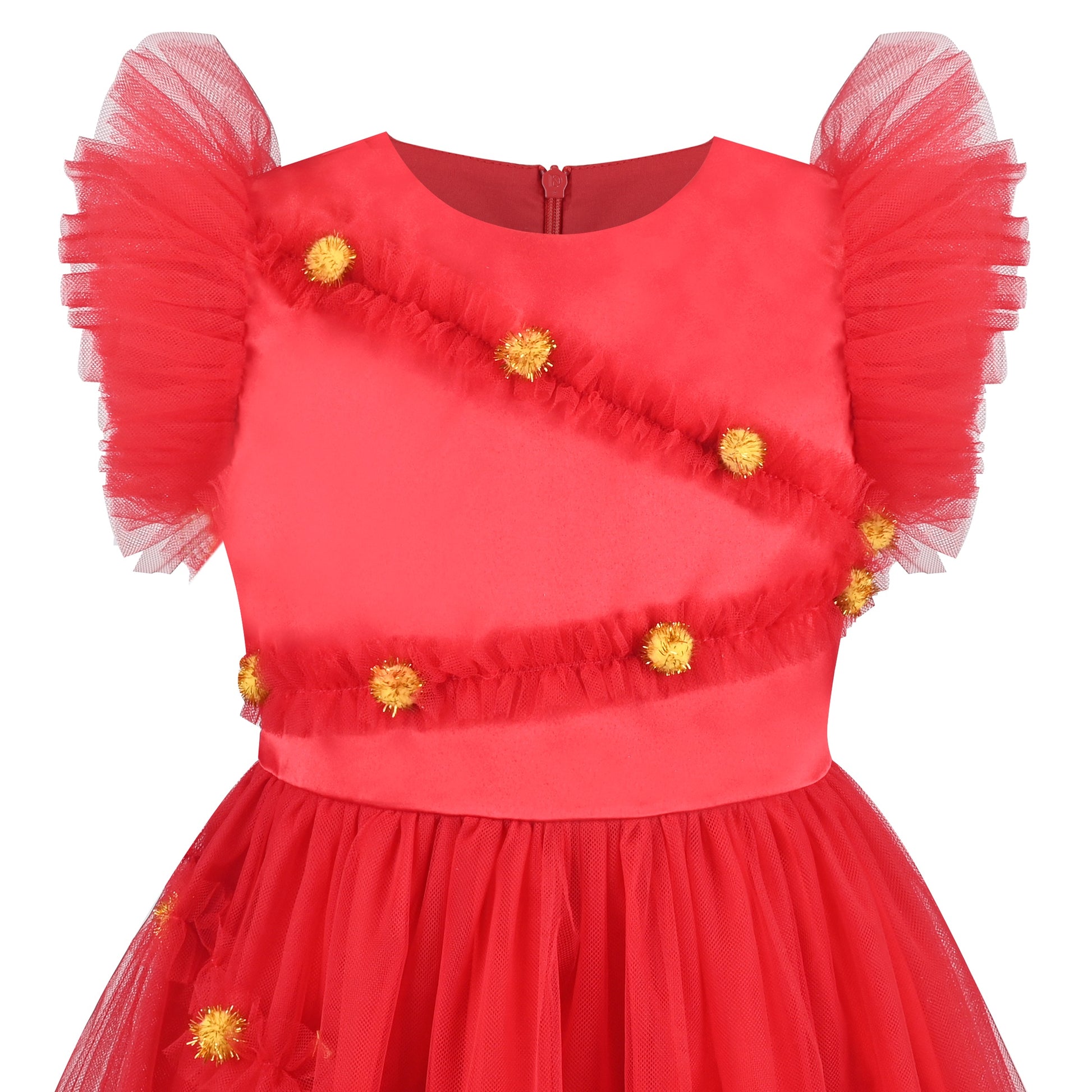 Girls Dress Black Gold Line Shiny Applique Princess Party Flare Sleeve Red