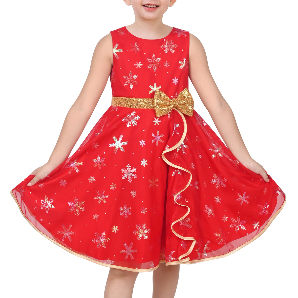 3 Layers Girls Dress Pink Flower Wave Pageant Wedding Kids Clothing - Red Snowfllake