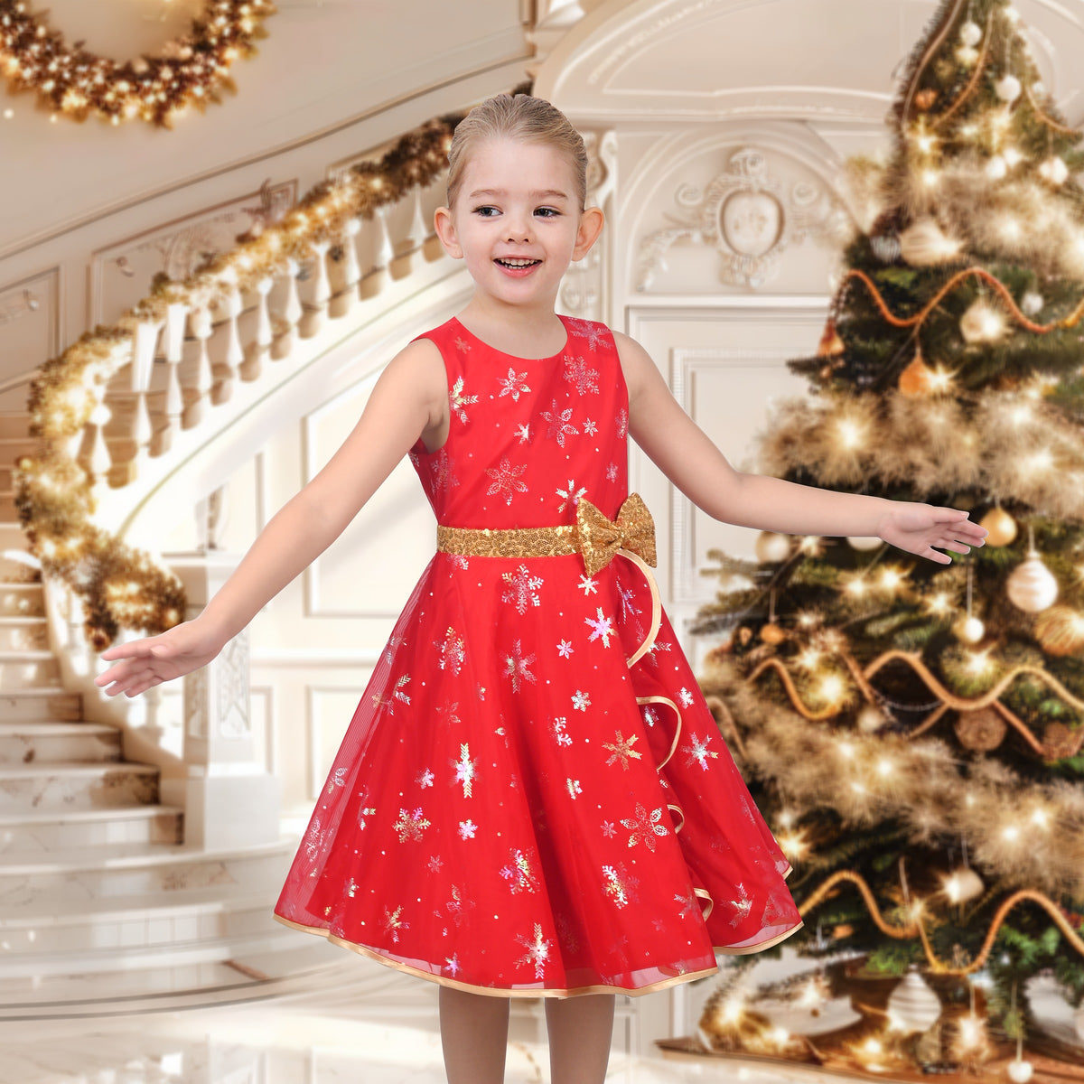 3 Layers Girls Dress Pink Flower Wave Pageant Wedding Kids Clothing - Red Snowfllake