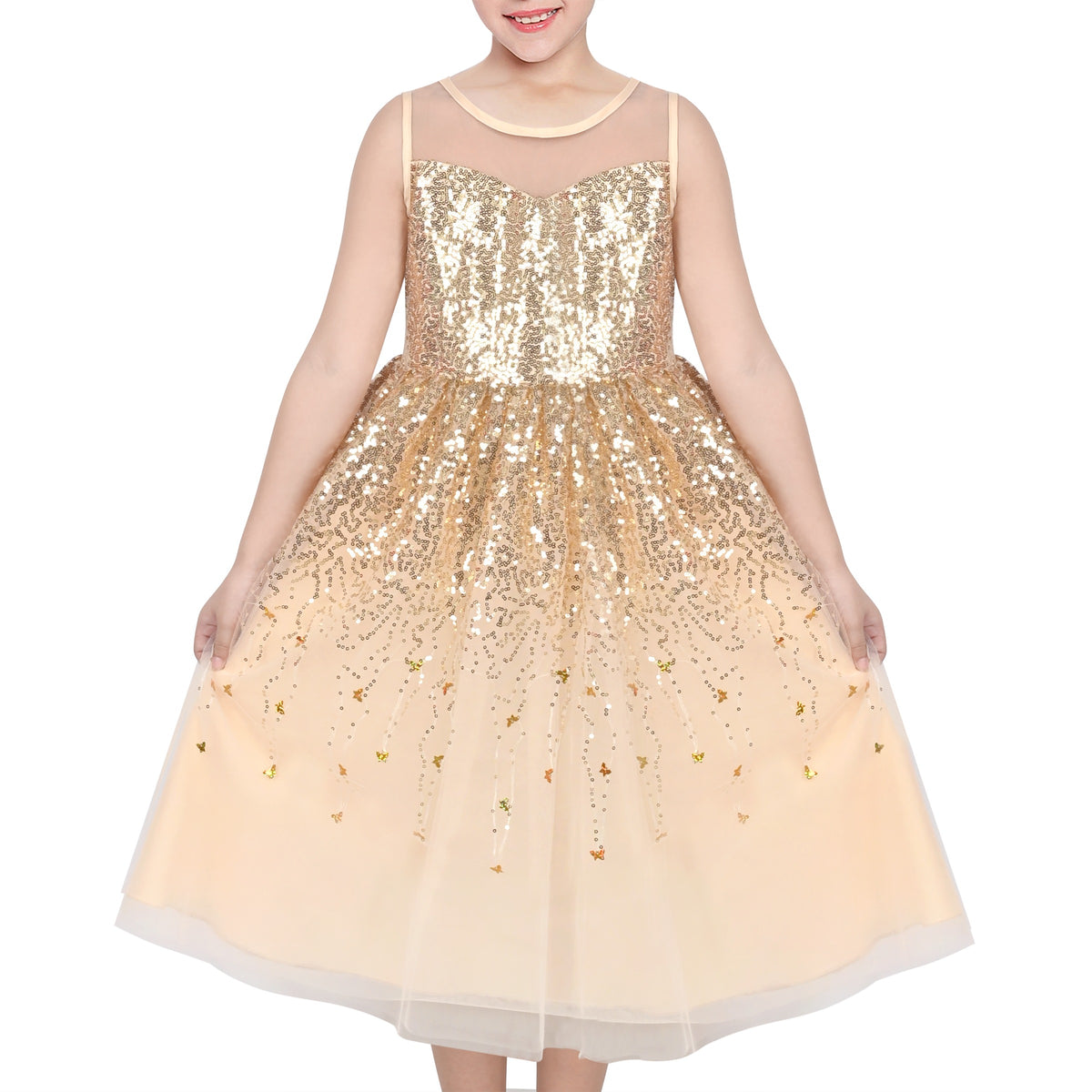 Girls Dress Green Lace Tulle Gradient Skirt Shiny Star Sleeveless - Gold Butterfly