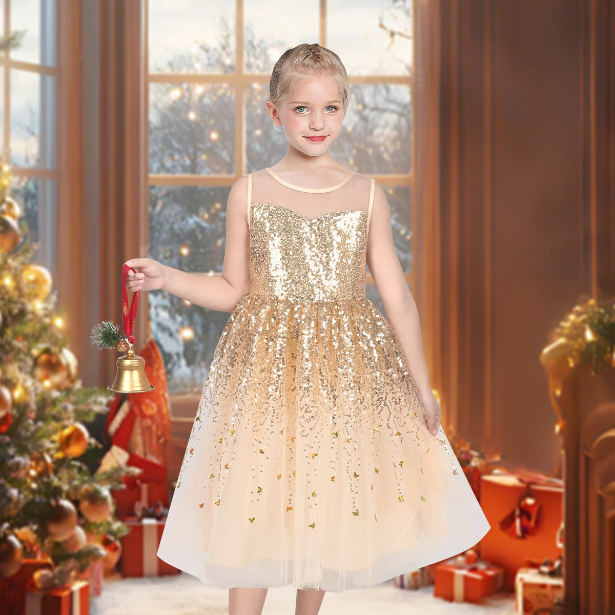 Girls Dress Green Lace Tulle Gradient Skirt Shiny Star Sleeveless - Gold Butterfly