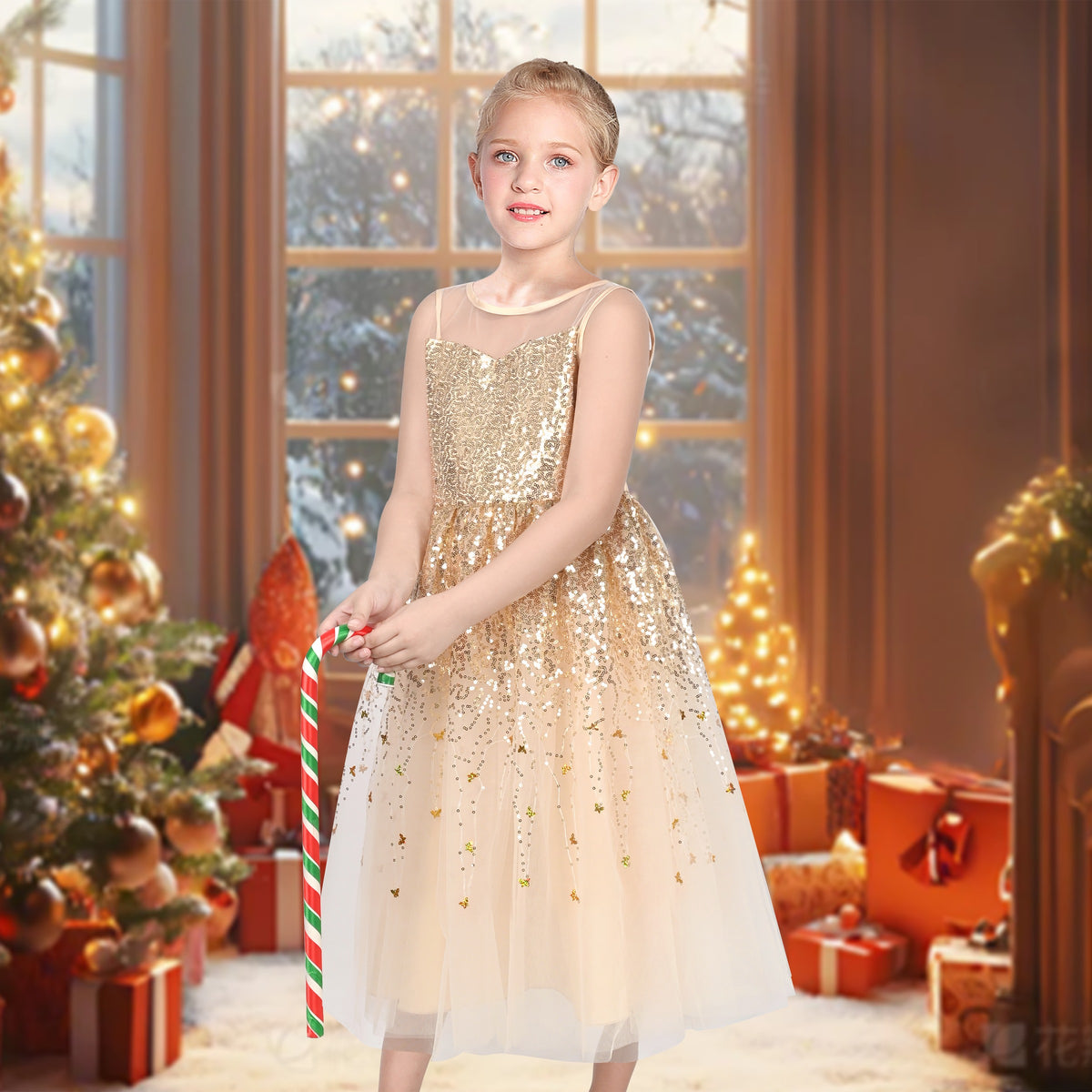 Girls Dress Green Lace Tulle Gradient Skirt Shiny Star Sleeveless - Gold Butterfly