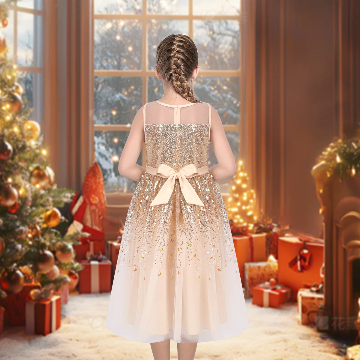 Girls Dress Green Lace Tulle Gradient Skirt Shiny Star Sleeveless - Gold Butterfly