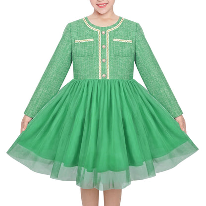 Girls Dress Green Pearl Pocket Sequin Classic Elegant Xmas Long Sleeve - Emerald Green