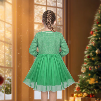 Girls Dress Green Pearl Pocket Sequin Classic Elegant Xmas Long Sleeve - Emerald Green