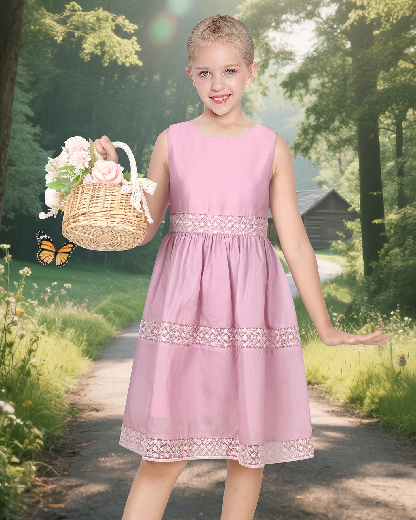 Flower Girls Dress Lace Trim Bow Communion Wedding Baptism Ceremony Birthday Formal Pink