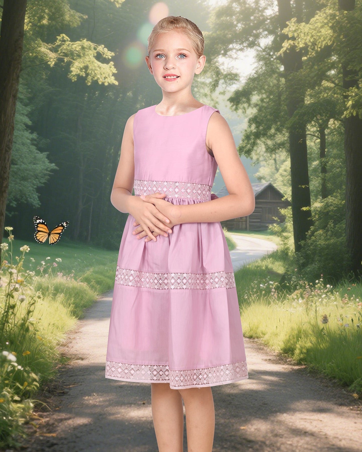 Flower Girls Dress Lace Trim Bow Communion Wedding Baptism Ceremony Birthday Formal Pink