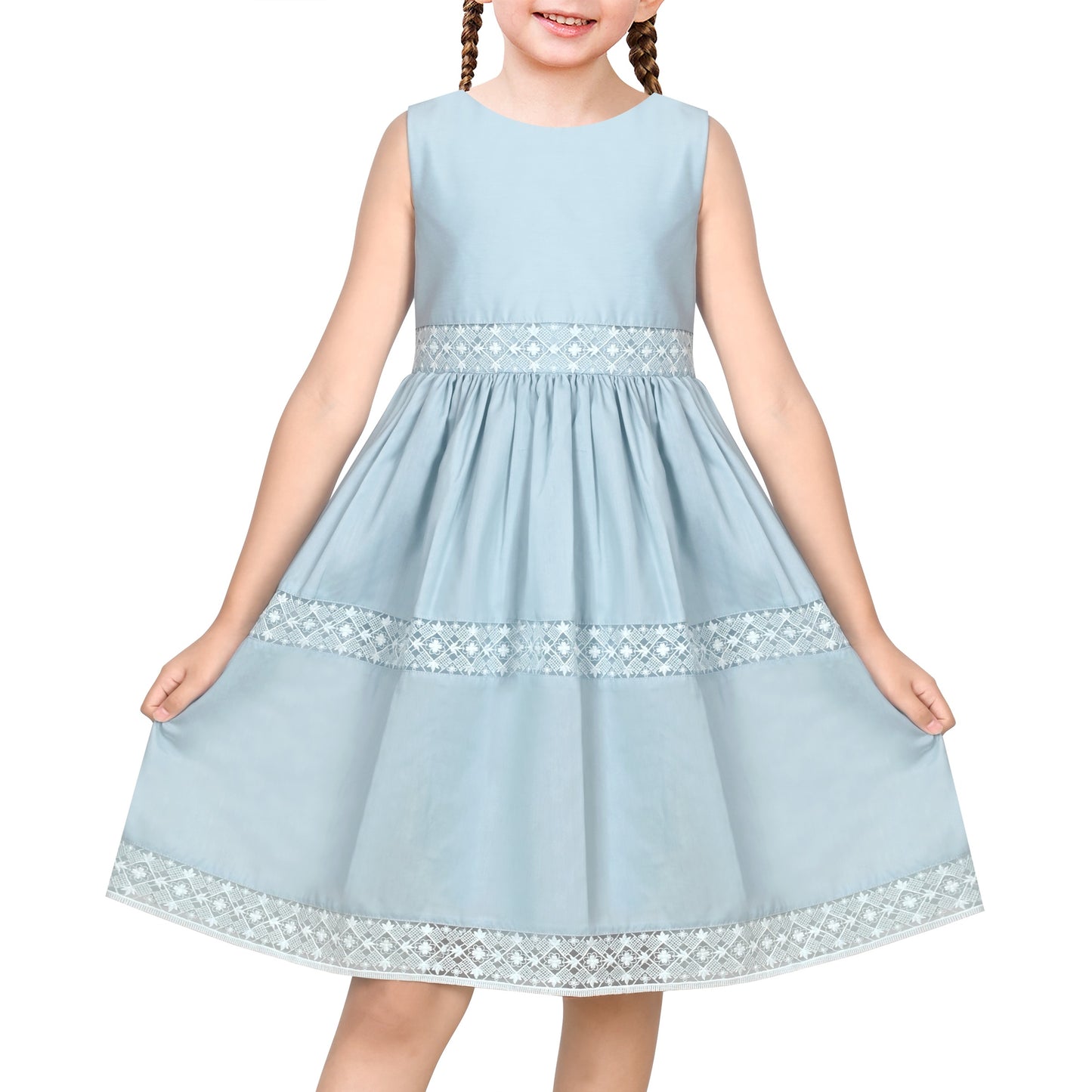 Flower Girls Dress Lace Trim Bow Communion Wedding Baptism Ceremony Birthday Formal Blue