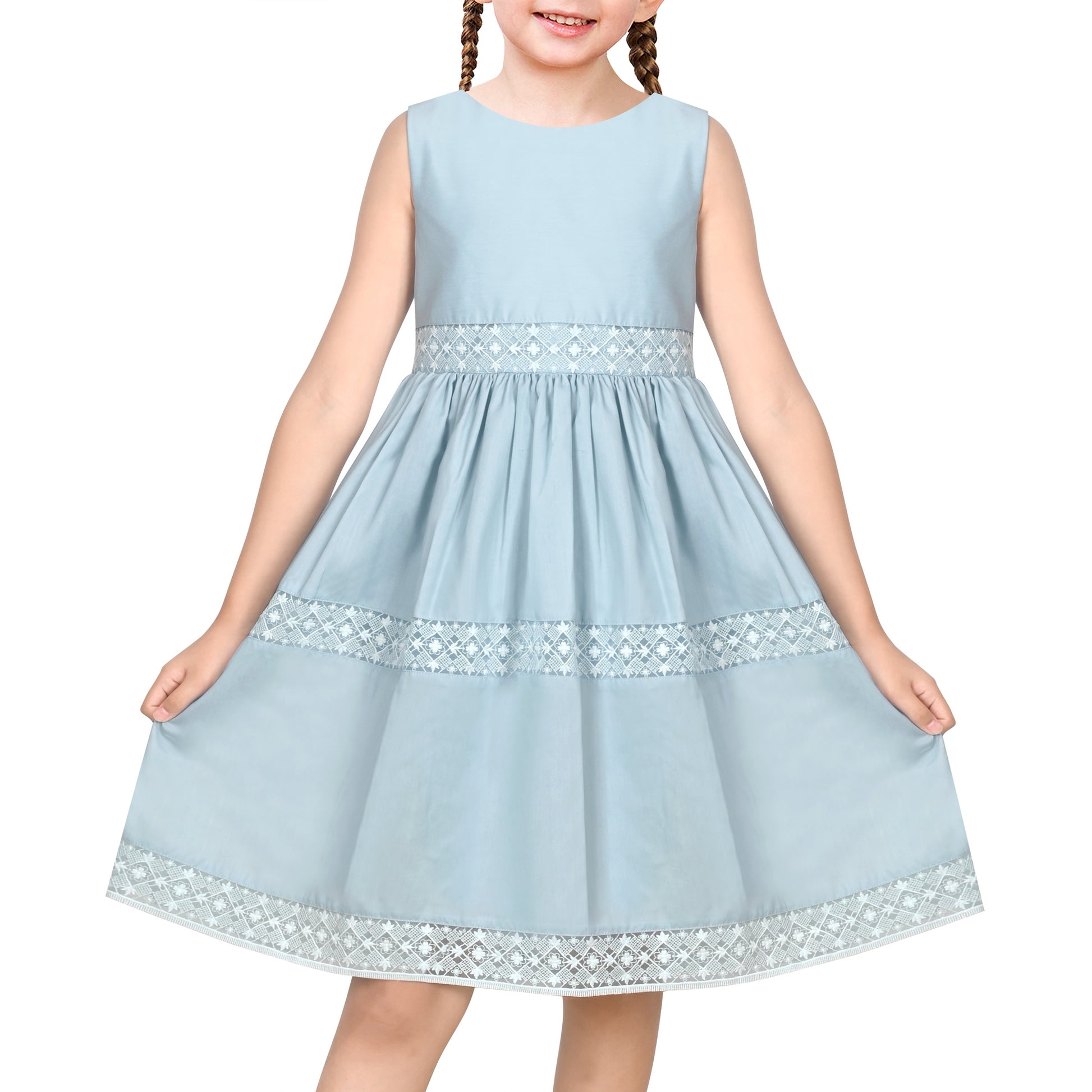 Flower Girls Dress Lace Trim Bow Communion Wedding Baptism Ceremony Birthday Formal Blue