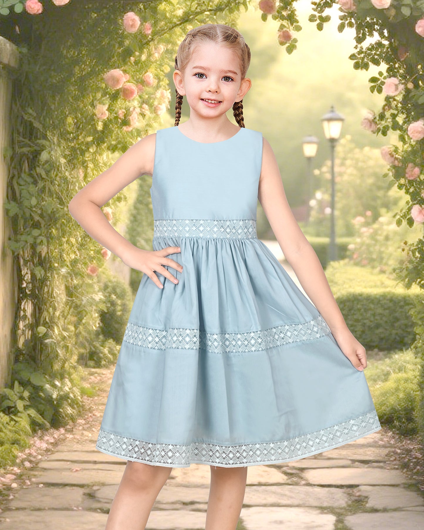 Flower Girls Dress Lace Trim Bow Communion Wedding Baptism Ceremony Birthday Formal Blue