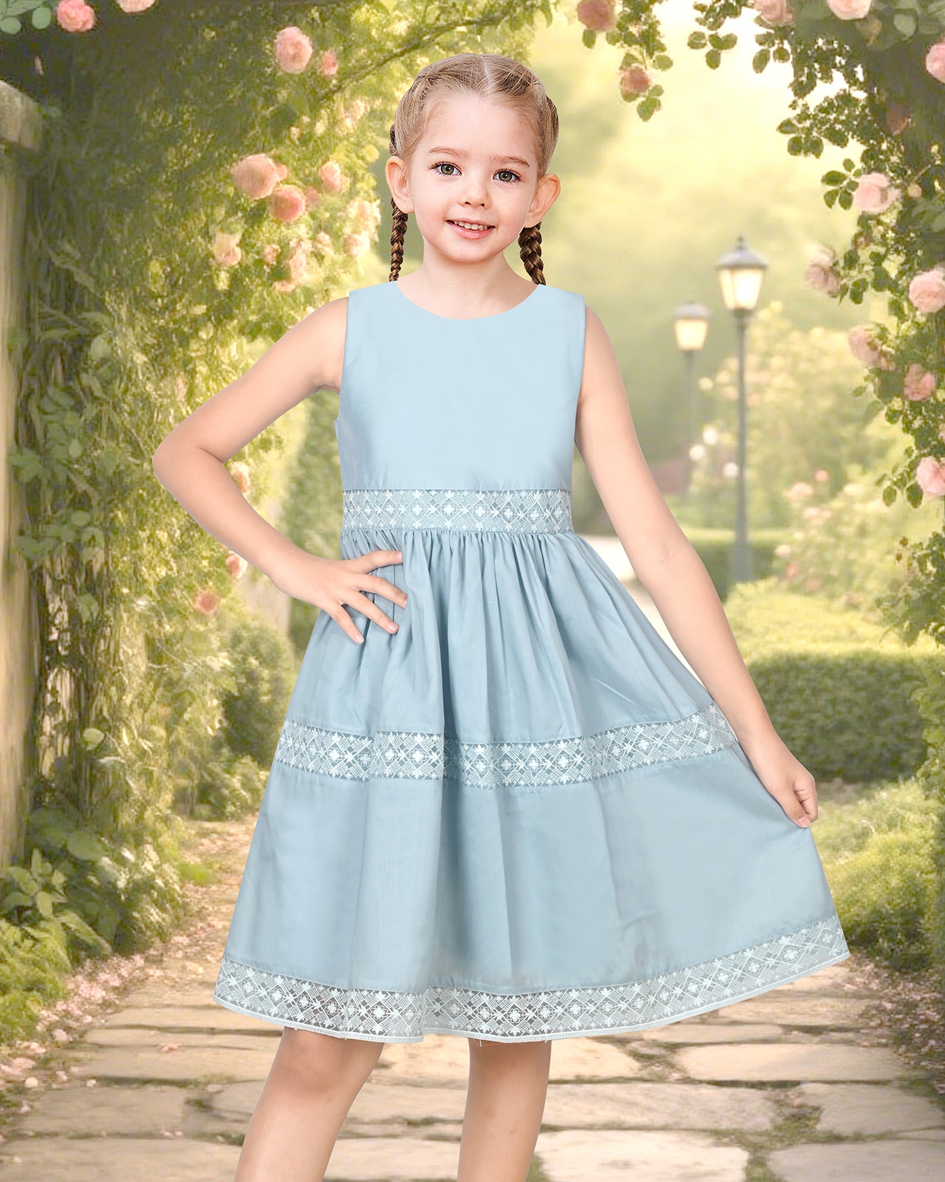 Flower Girls Dress Lace Trim Bow Communion Wedding Baptism Ceremony Birthday Formal Blue