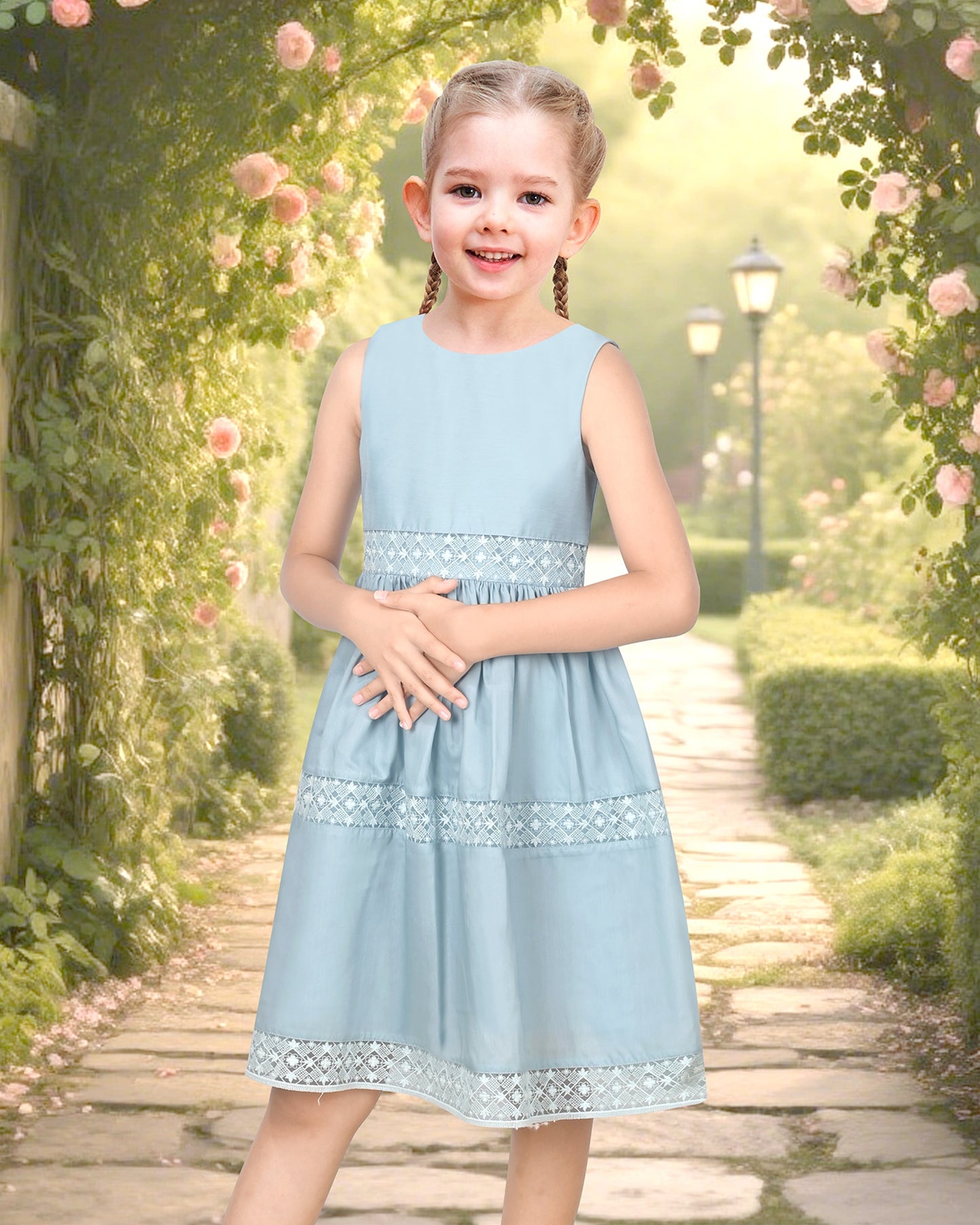 Flower Girls Dress Lace Trim Bow Communion Wedding Baptism Ceremony Birthday Formal Blue