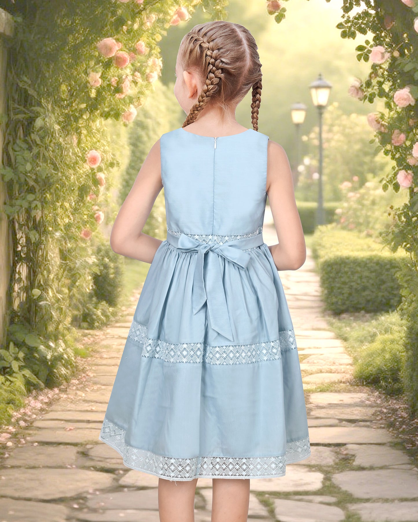 Flower Girls Dress Lace Trim Bow Communion Wedding Baptism Ceremony Birthday Formal Blue