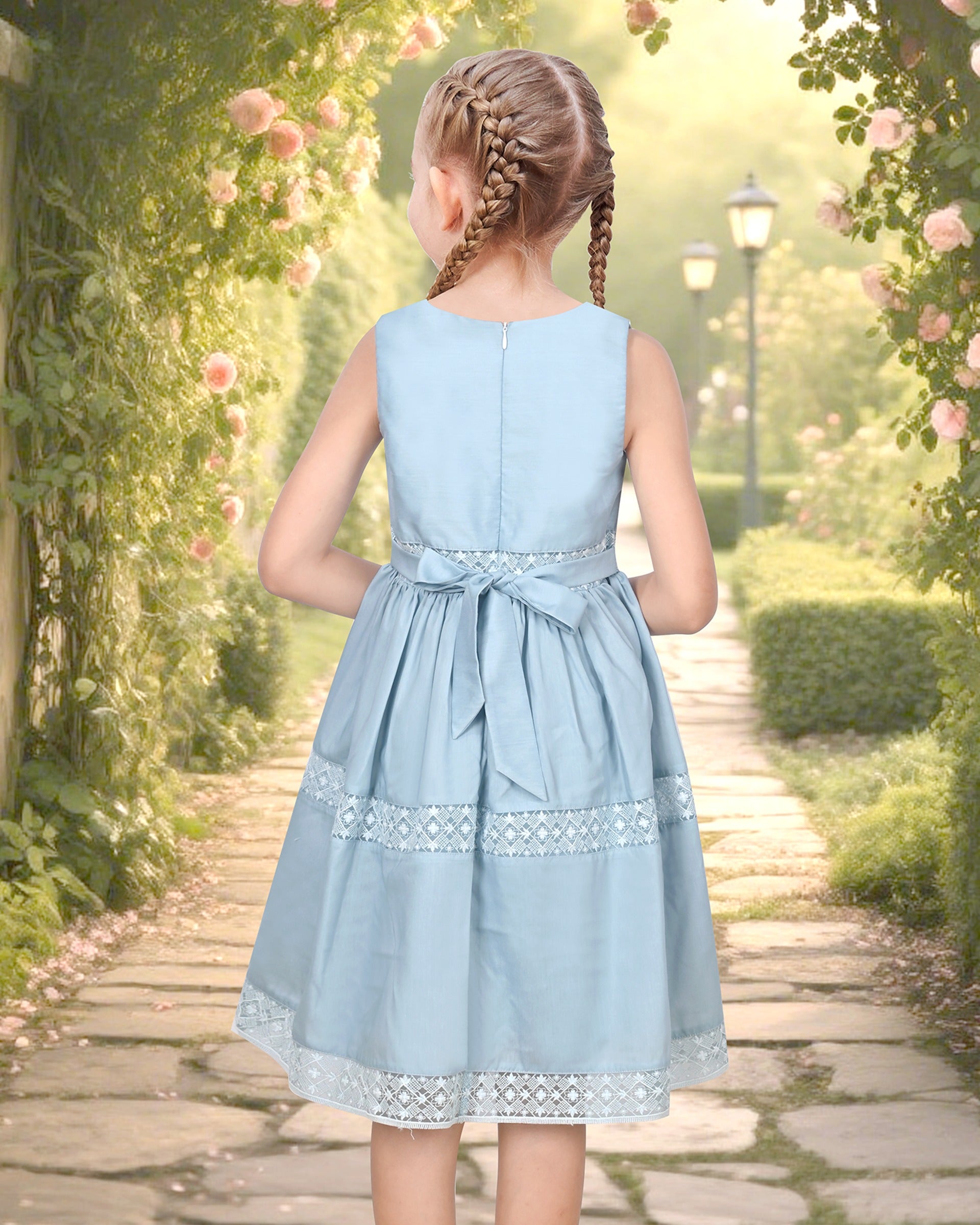 Flower Girls Dress Lace Trim Bow Communion Wedding Baptism Ceremony Birthday Formal Blue