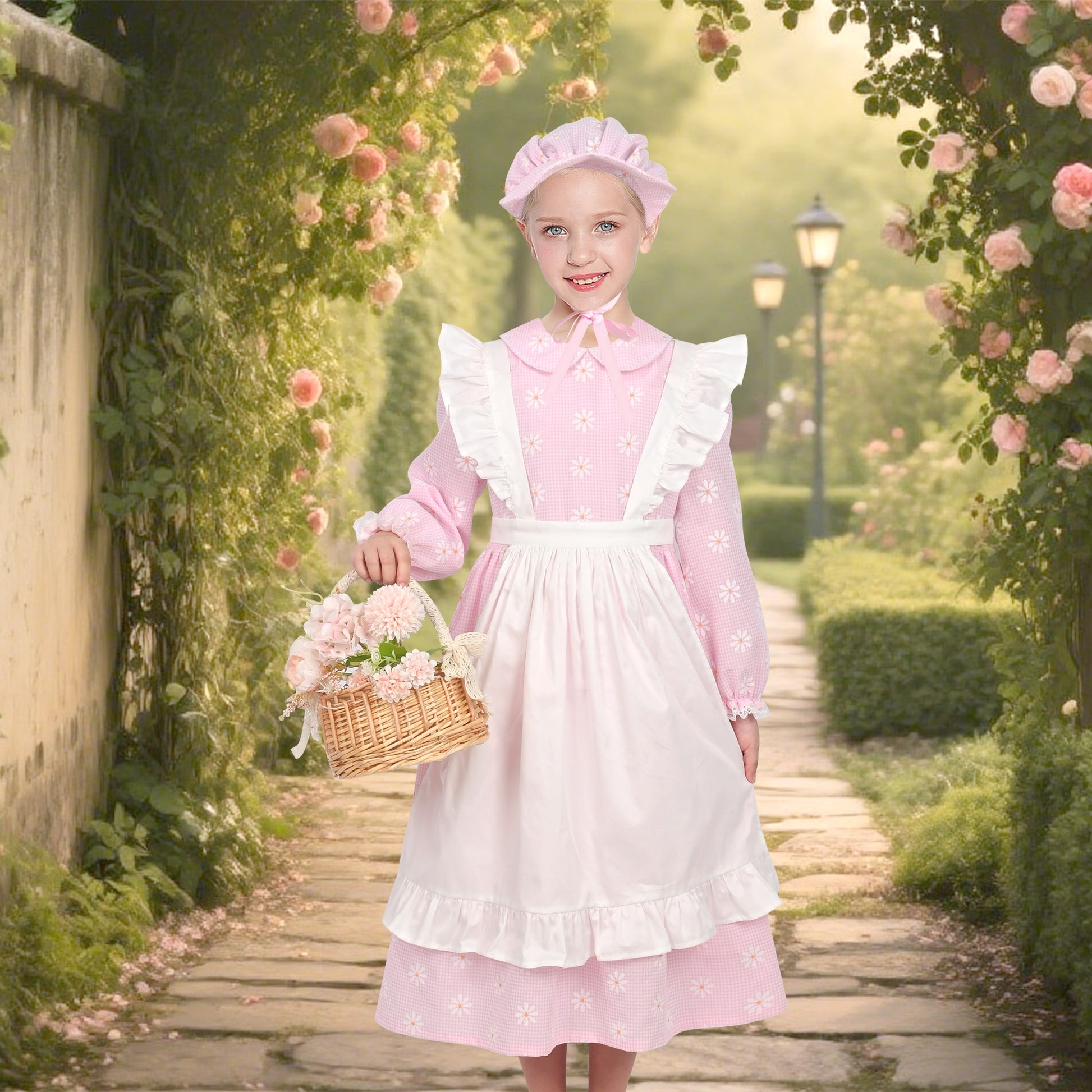 Girls Dress 3 Piece Set Pinafore Hat Colonial Party Floral Vintage Pink