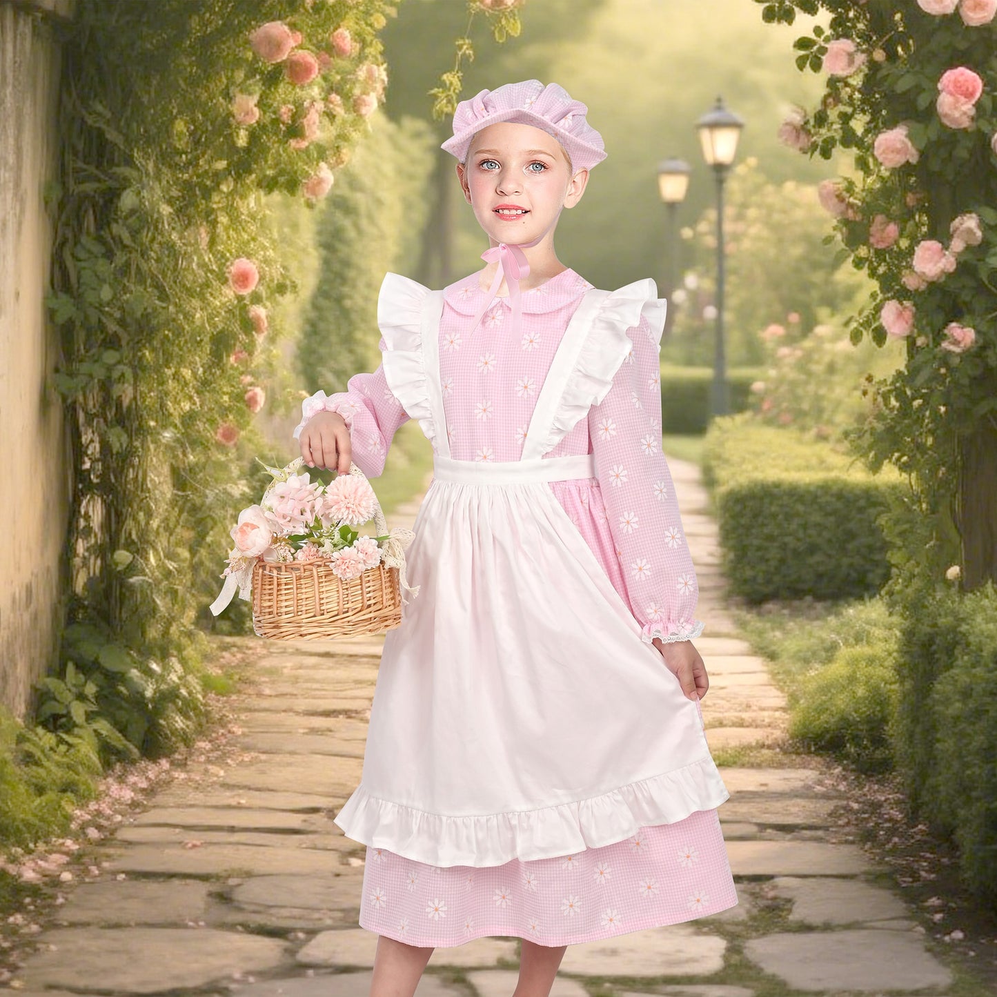 Girls Dress 3 Piece Set Pinafore Hat Colonial Party Floral Vintage Pink