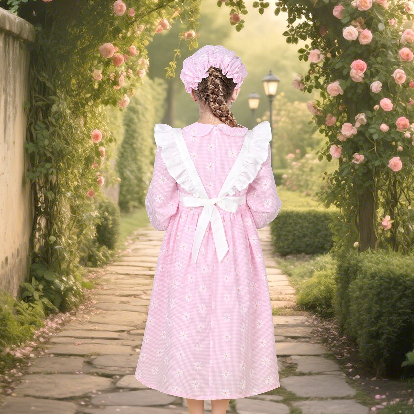 Girls Dress 3 Piece Set Pinafore Hat Colonial Party Floral Vintage Pink