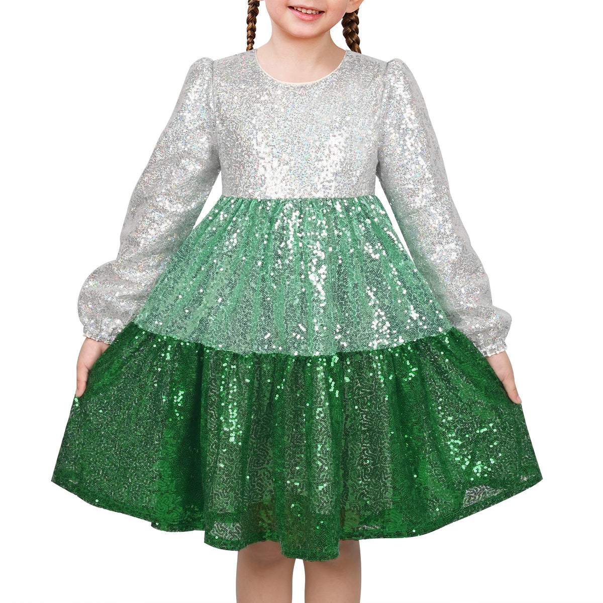 Girls Dress Silver Purple Shiny Glitter Sequin Color Block Sleeveless - Green Gradient