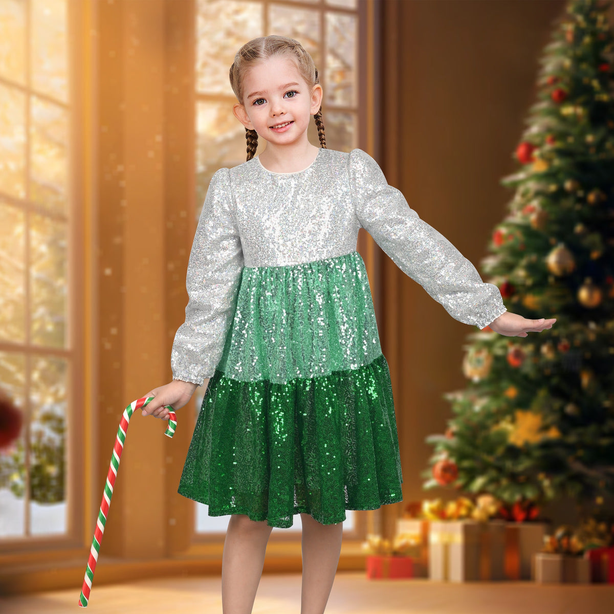Girls Dress Silver Purple Shiny Glitter Sequin Color Block Sleeveless - Green Gradient