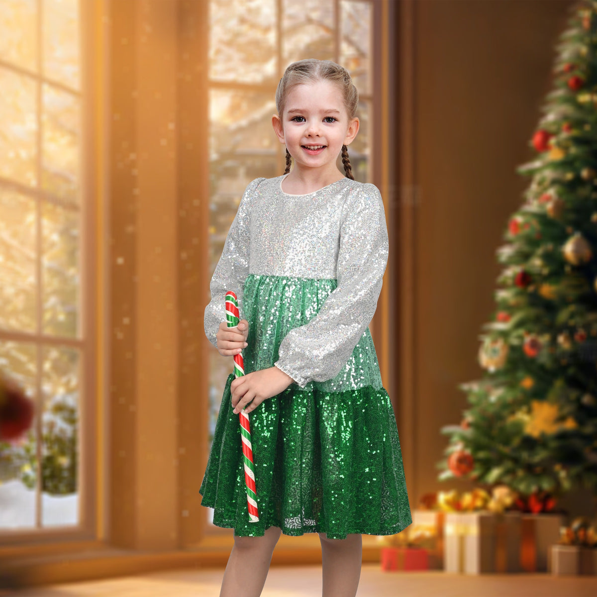 Girls Dress Silver Purple Shiny Glitter Sequin Color Block Sleeveless - Green Gradient
