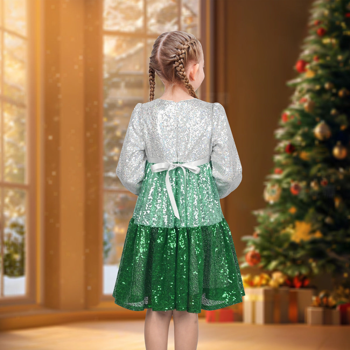 Girls Dress Silver Purple Shiny Glitter Sequin Color Block Sleeveless - Green Gradient
