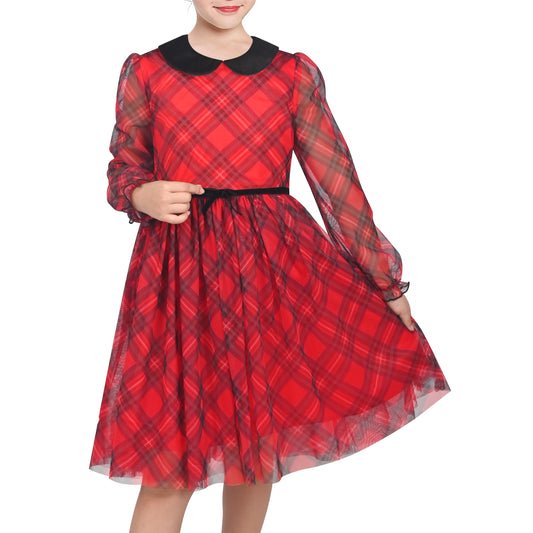 Girls Dress Plaid Tartan Collar Bow Belt Casual Festive Christmas Party Winter Red