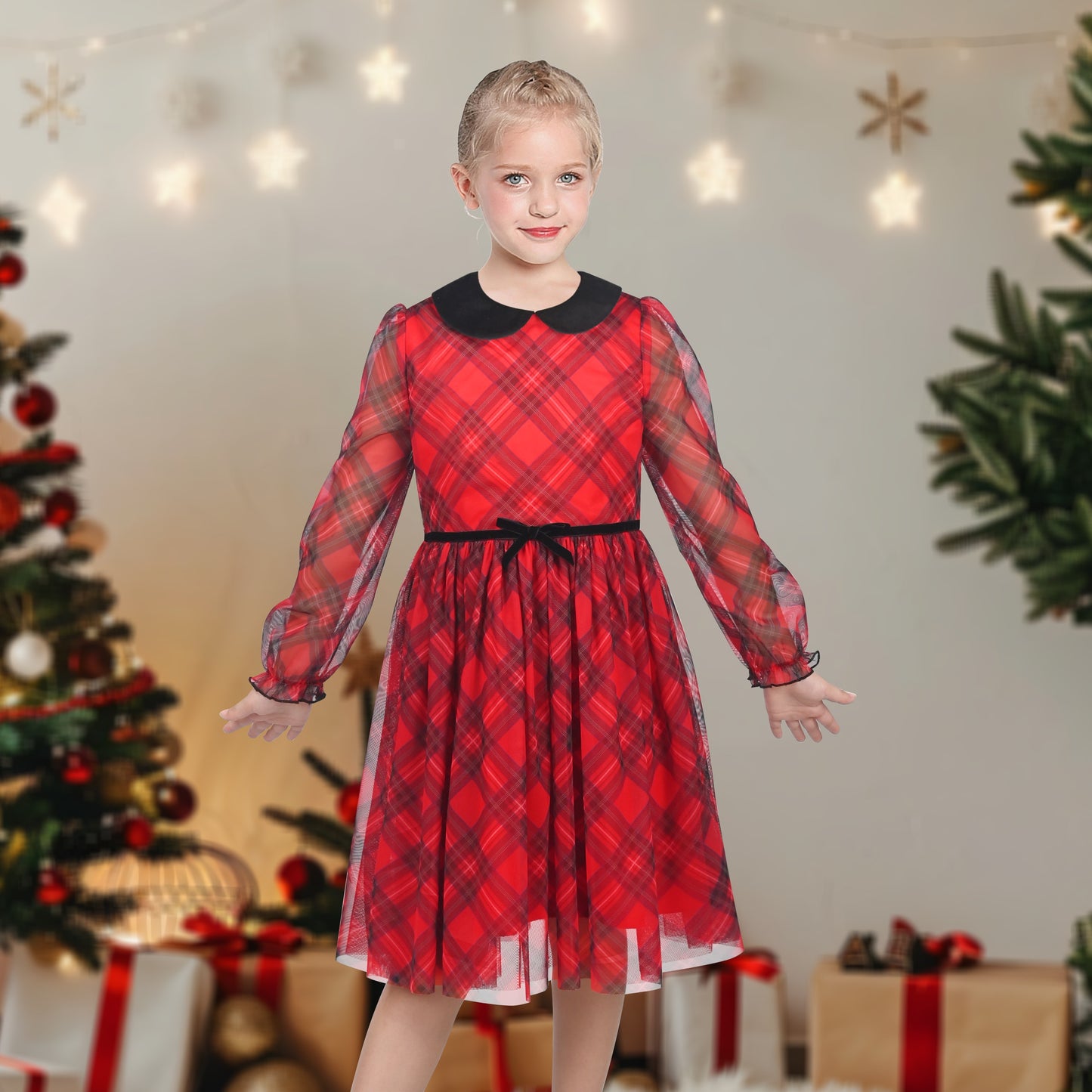 Girls Dress Plaid Tartan Collar Bow Belt Casual Festive Christmas Party Winter Red