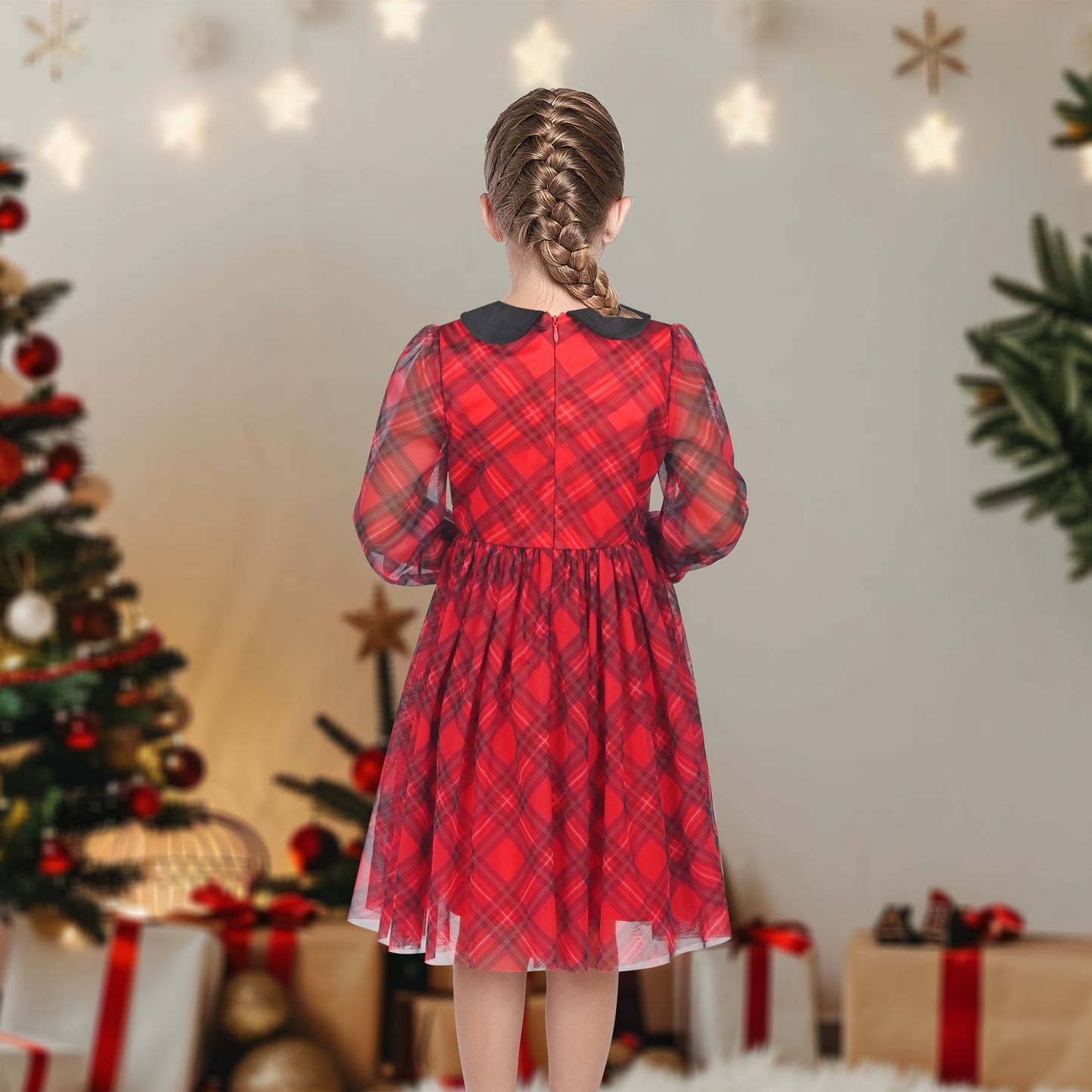 Girls Dress Plaid Tartan Collar Bow Belt Casual Festive Christmas Party Winter Red