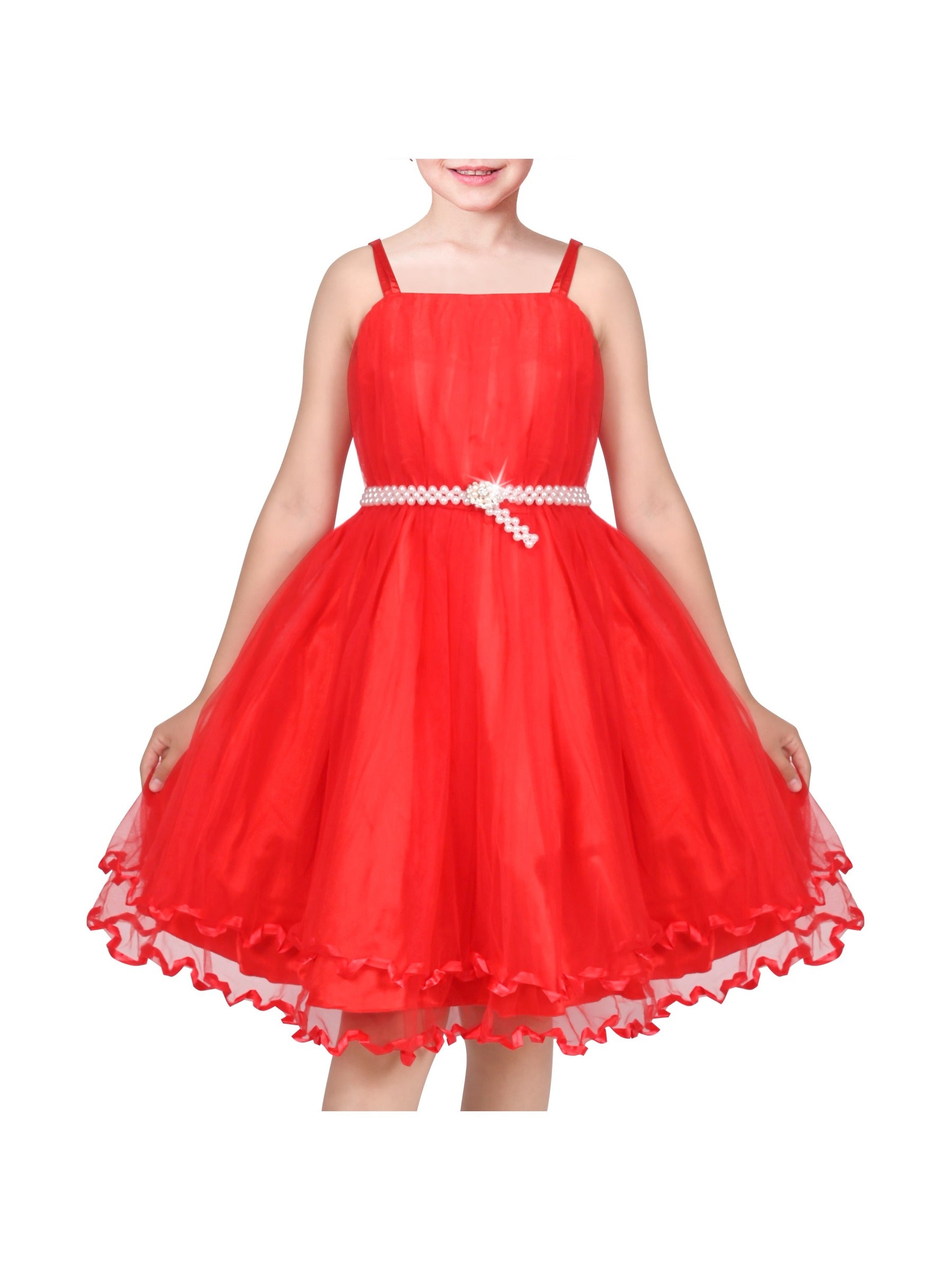Flower Girls Dress Tulle Spaghetti Strap Pearl Ruffle Hem Wedding Bridesmaid Green Red