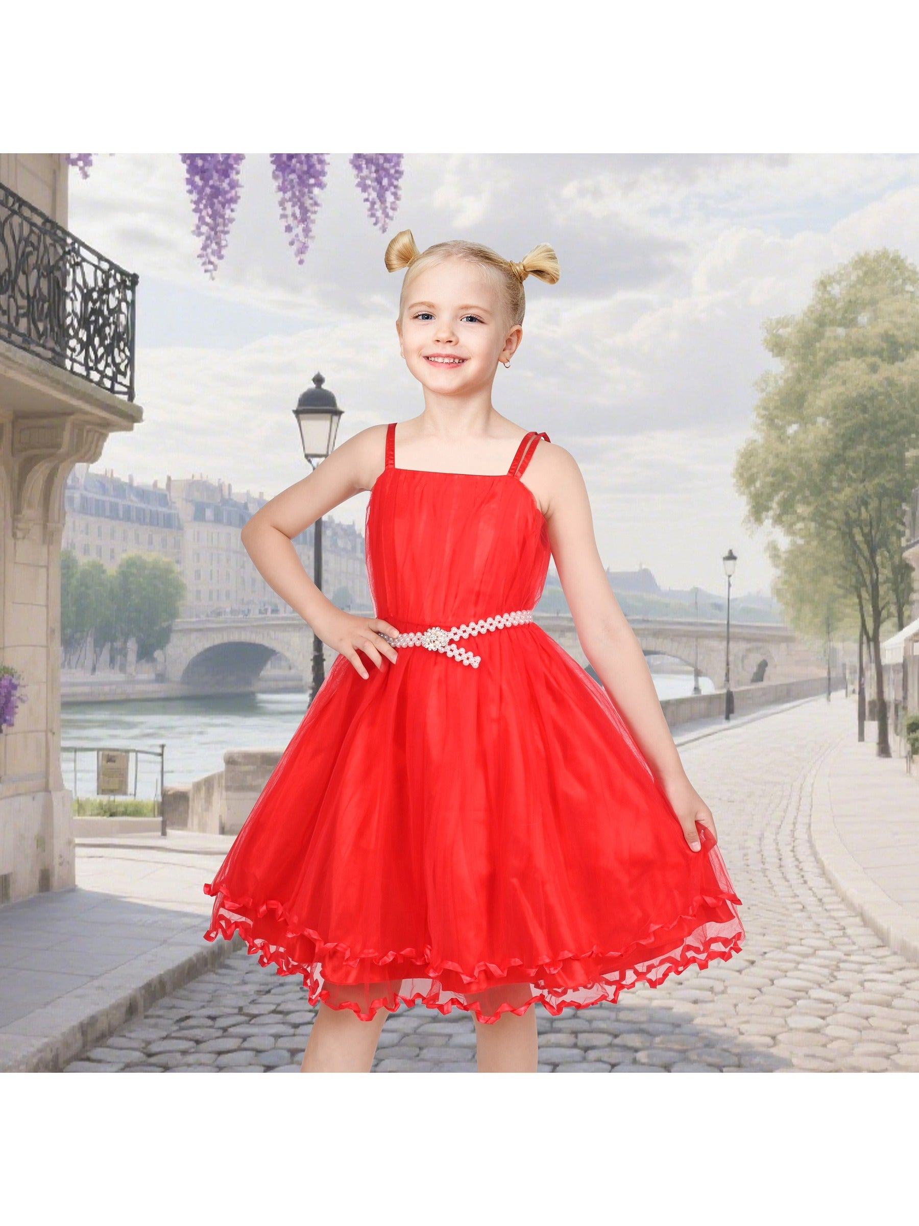 Flower Girls Dress Tulle Spaghetti Strap Pearl Ruffle Hem Wedding Bridesmaid Green Red