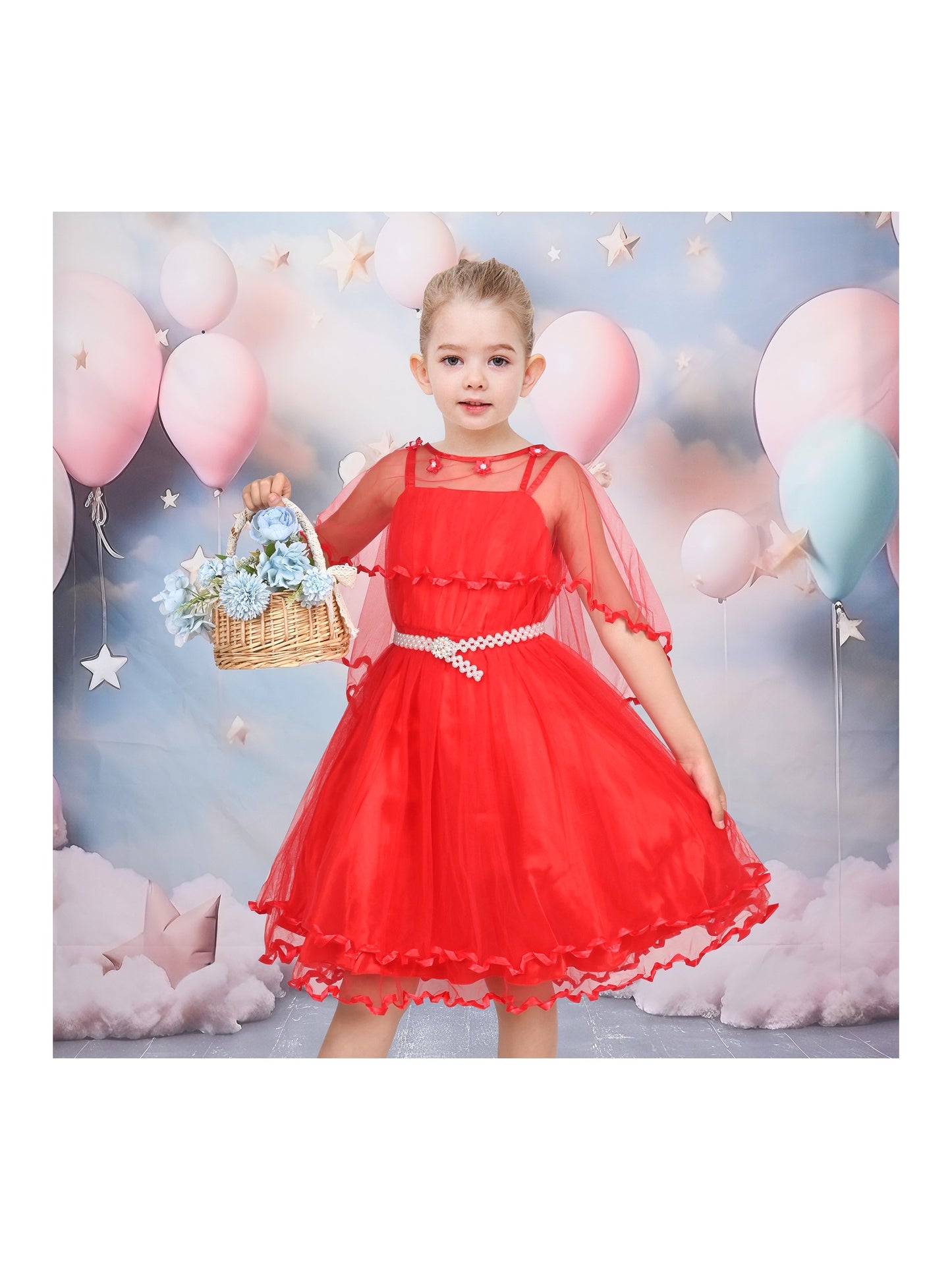 Flower Girls Dress Tulle Spaghetti Strap Pearl Ruffle Hem Wedding Bridesmaid Green Red