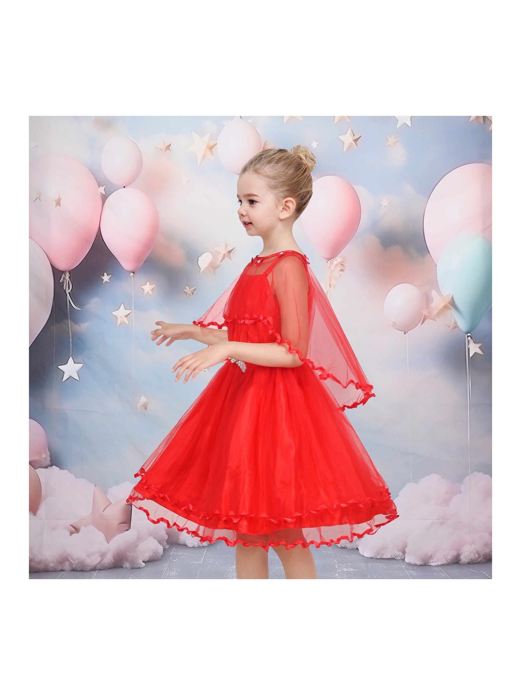 Flower Girls Dress Tulle Spaghetti Strap Pearl Ruffle Hem Wedding Bridesmaid Green Red