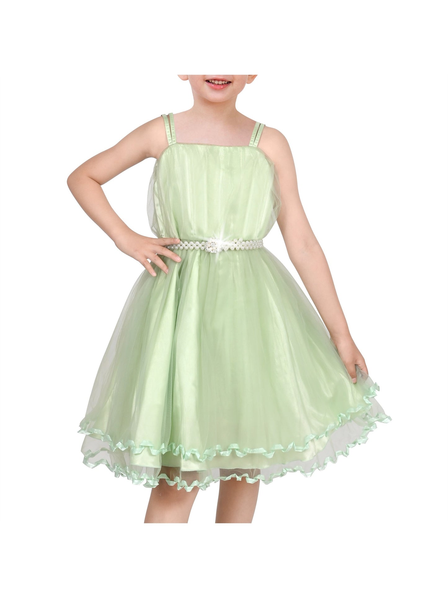 Flower Girls Dress Tulle Spaghetti Strap Pearl Ruffle Hem Wedding Bridesmaid Green Green