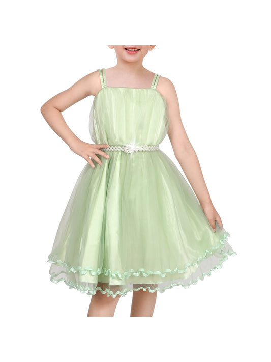 Flower Girls Dress Tulle Spaghetti Strap Pearl Ruffle Hem Wedding Bridesmaid Green Green