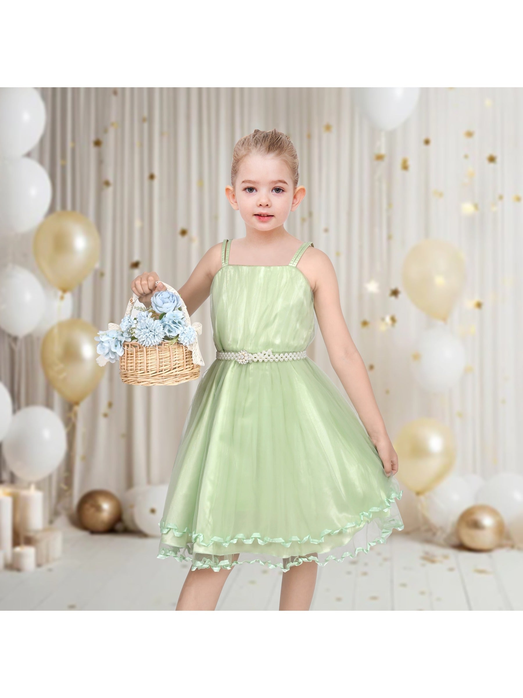 Flower Girls Dress Tulle Spaghetti Strap Pearl Ruffle Hem Wedding Bridesmaid Green Green