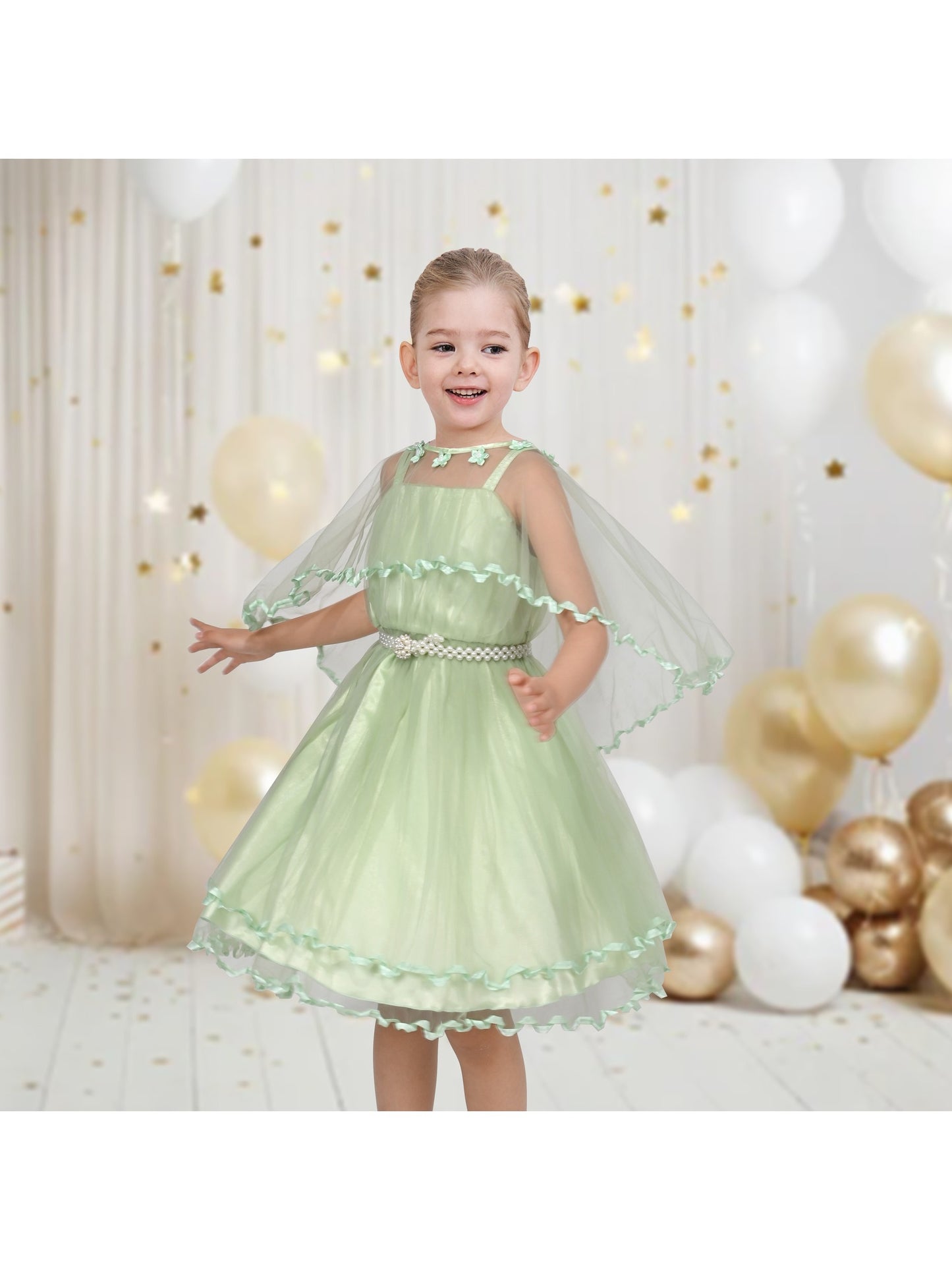 Flower Girls Dress Tulle Spaghetti Strap Pearl Ruffle Hem Wedding Bridesmaid Green Green