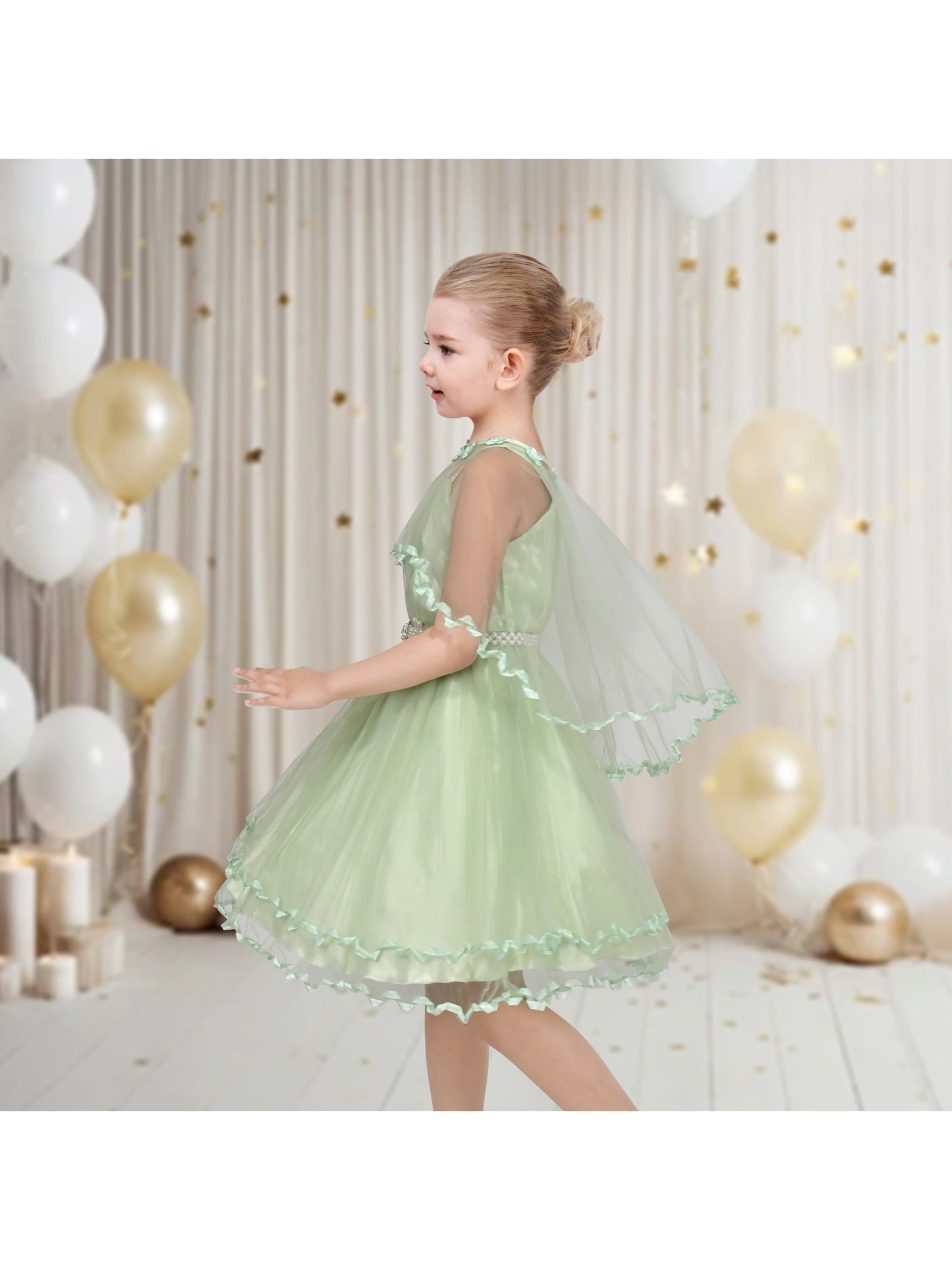 Flower Girls Dress Tulle Spaghetti Strap Pearl Ruffle Hem Wedding Bridesmaid Green Green