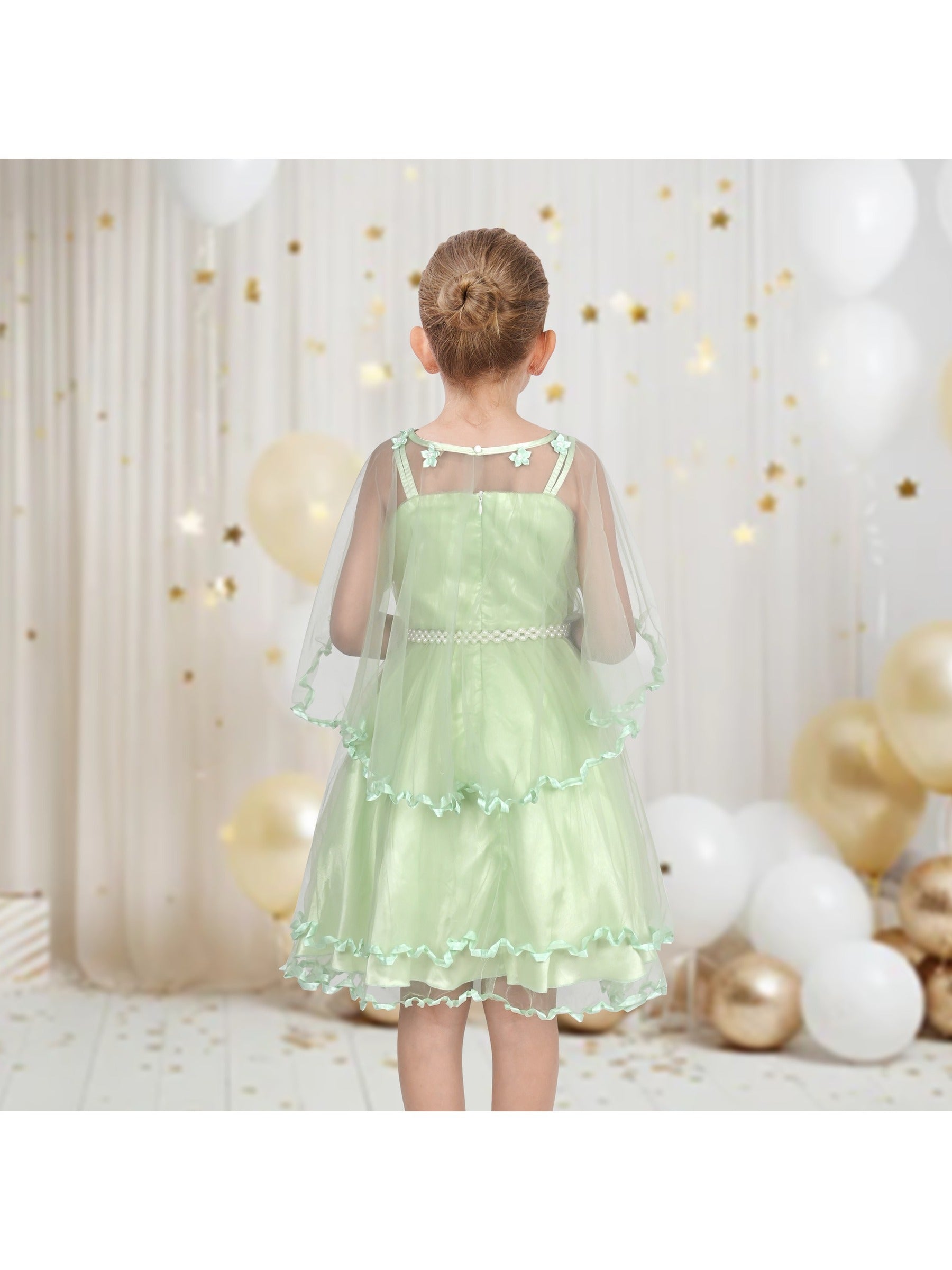 Flower Girls Dress Tulle Spaghetti Strap Pearl Ruffle Hem Wedding Bridesmaid Green Green
