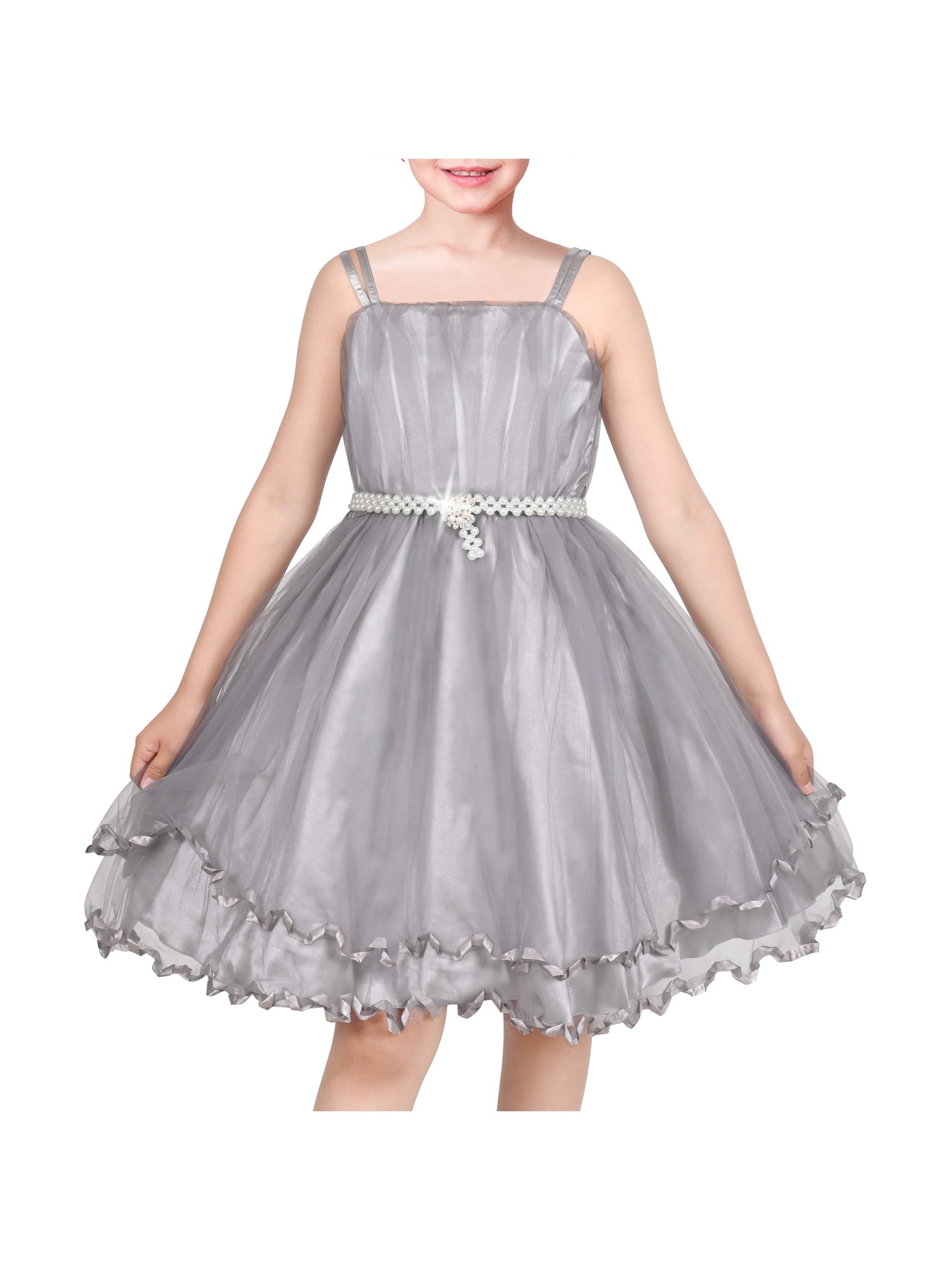 Flower Girls Dress Tulle Spaghetti Strap Pearl Ruffle Hem Wedding Bridesmaid Green Gray