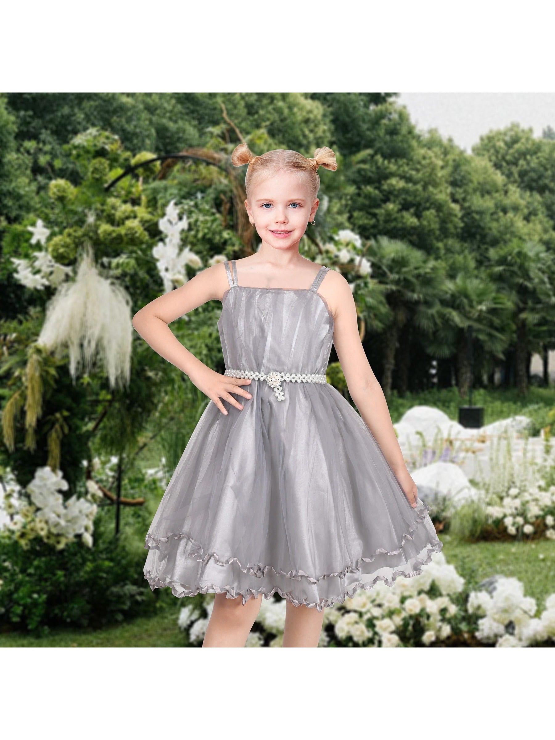 Flower Girls Dress Tulle Spaghetti Strap Pearl Ruffle Hem Wedding Bridesmaid Green Gray