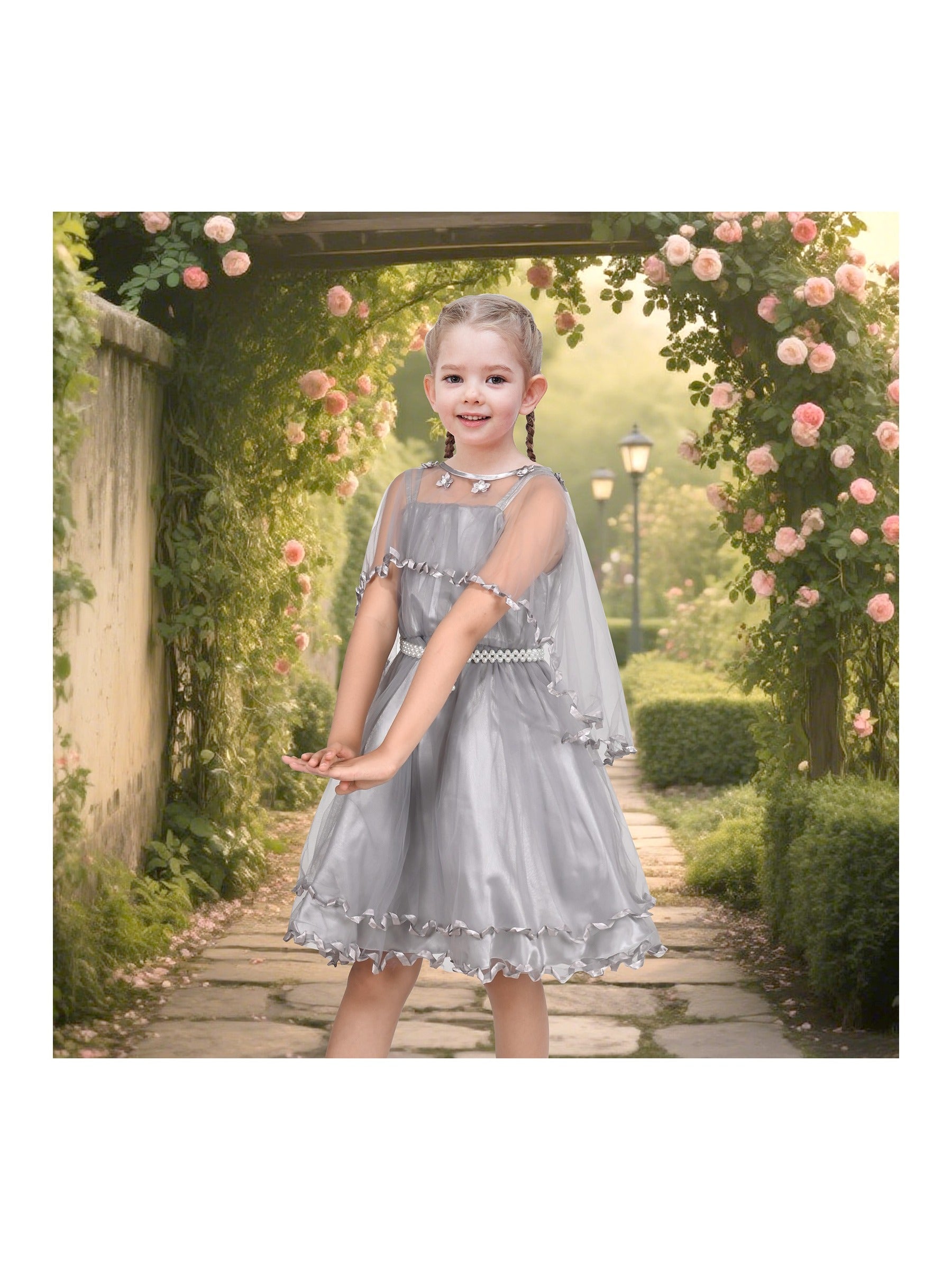Flower Girls Dress Tulle Spaghetti Strap Pearl Ruffle Hem Wedding Bridesmaid Green Gray